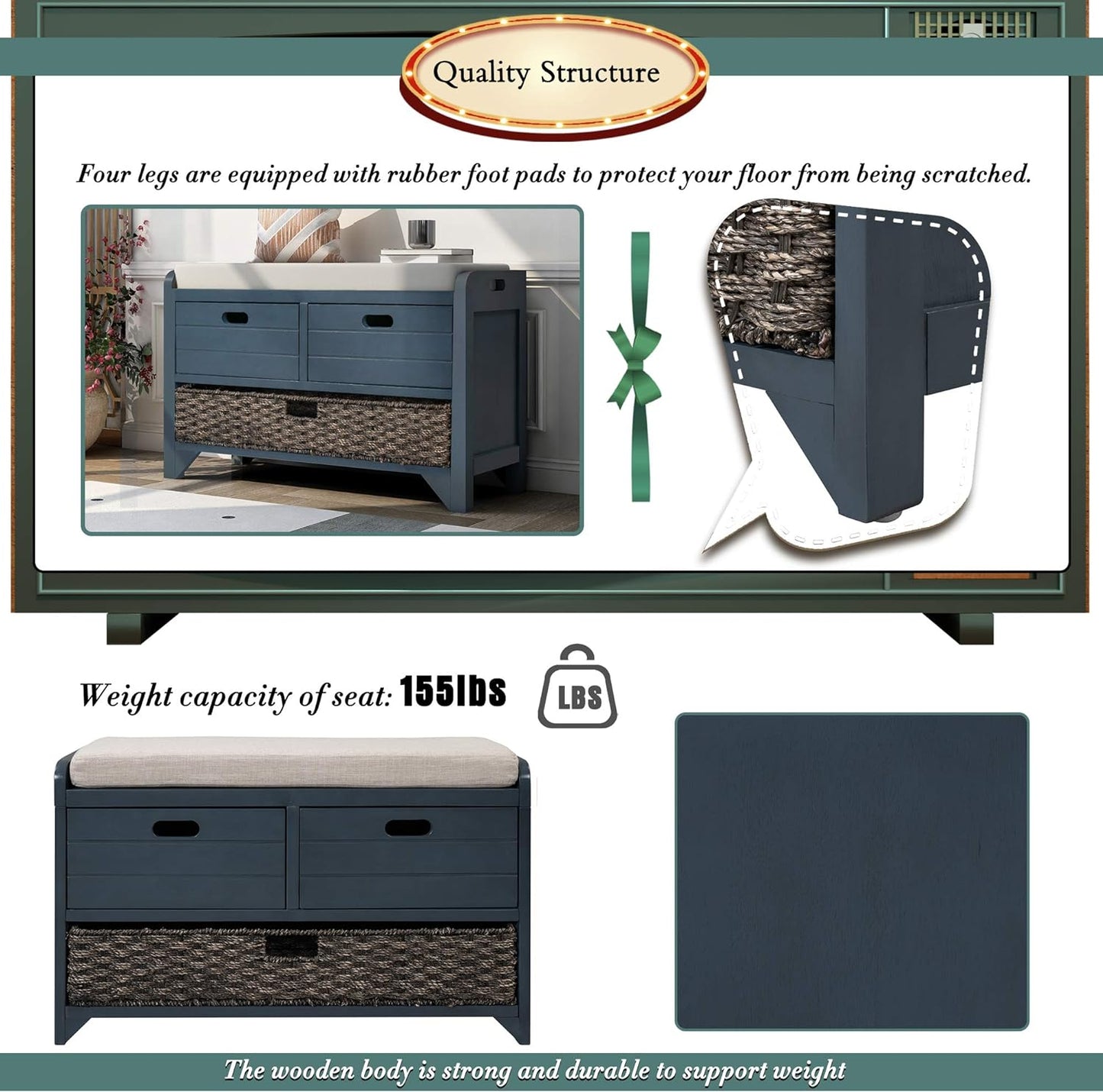 Storage Bench Removable Basket 2 Drawers Fully Assembled Acacia Wood Shoe Bench Standing Shoe Rack Removable Cushion for Living Room, Entrance Hallway, No Assembly Required Navy