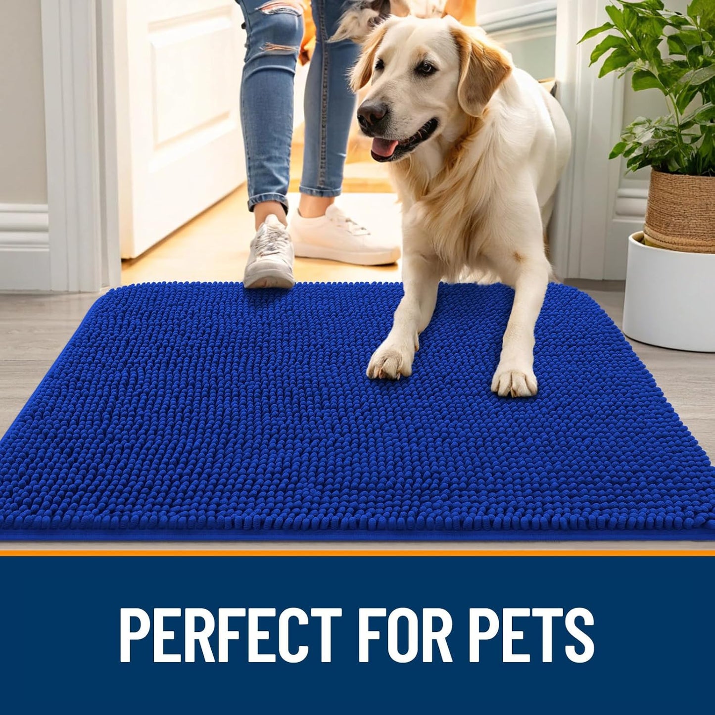 OLANLY Dog Door Mat for Muddy Paws 47x20, Absorbs Moisture and Dirt, Absorbent Non-Slip Washable Doormat, Quick Dry Chenille Mud Mat for Dogs, Entry Indoor Entryway Carpet for Inside Floor, Royal Blue