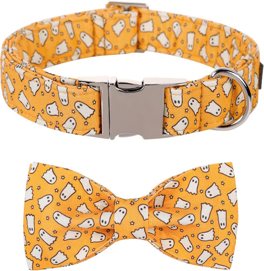Lionet Paws Halloween Dog Collar with Bowtie - Cute Cotton Adjustable Fall Bowtie Dog Collar with Metal Buckle for Small Medium Large Dog Girl Boy Gift, S, Neck 10-16in