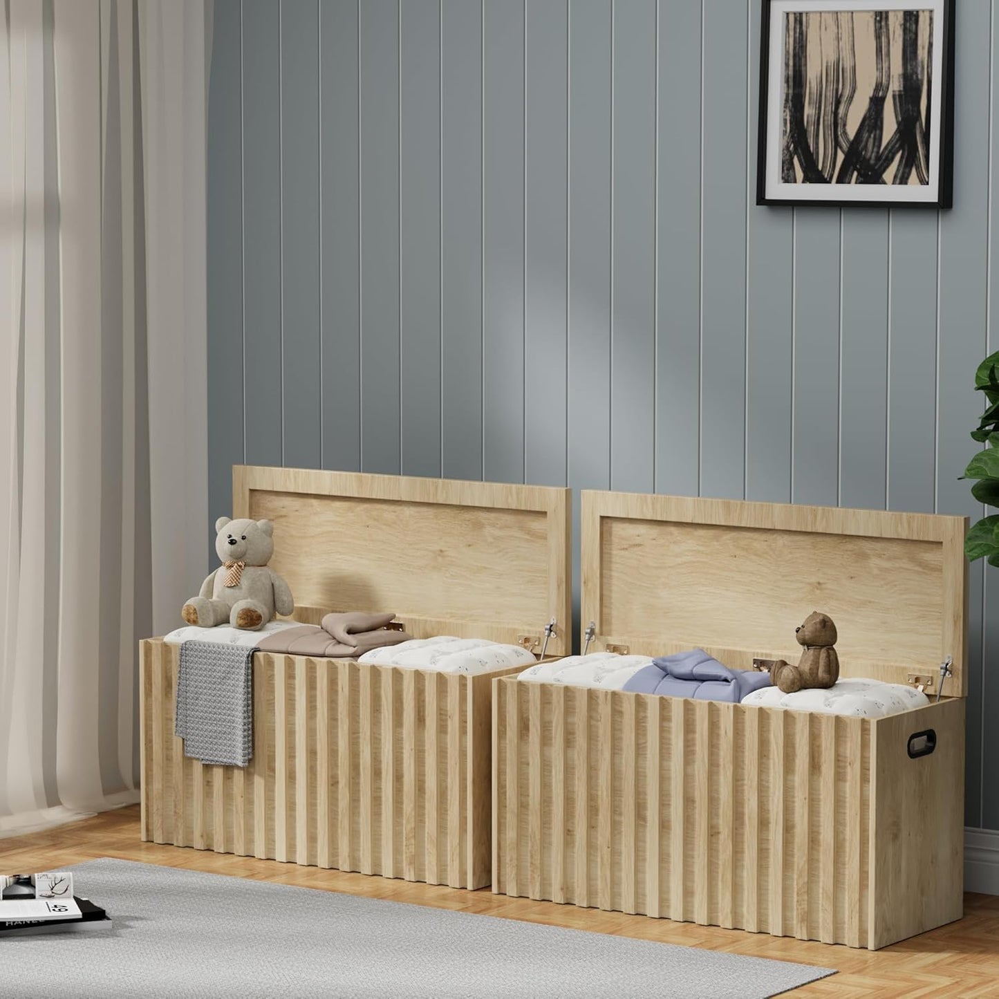 UEV Storage Bench Set of 2, 39.4" Wood Storage Trunk with 2 Safety Hinges, Sturdy Storage Chest, Fluted Storage Bench for Bedroom, Shoe Bench for Entryway, Living Room (Ivroy White)