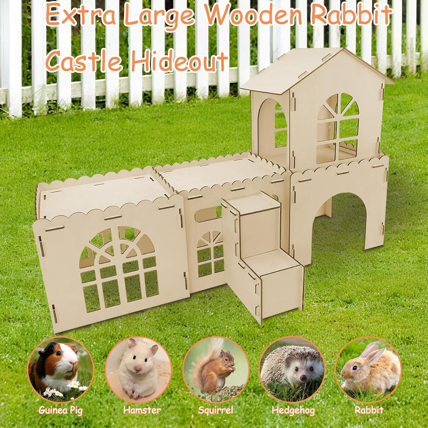 YUEPET Extra Large Wooden Rabbit Hideout Castle Detachable Bunny Tunnel Hut with Ramp Small Animal Houses & Habitats for Outdoor Indoor Rabbit Guinea Pig Chinchilla Ferret Hamster to Rest Hideawy Play