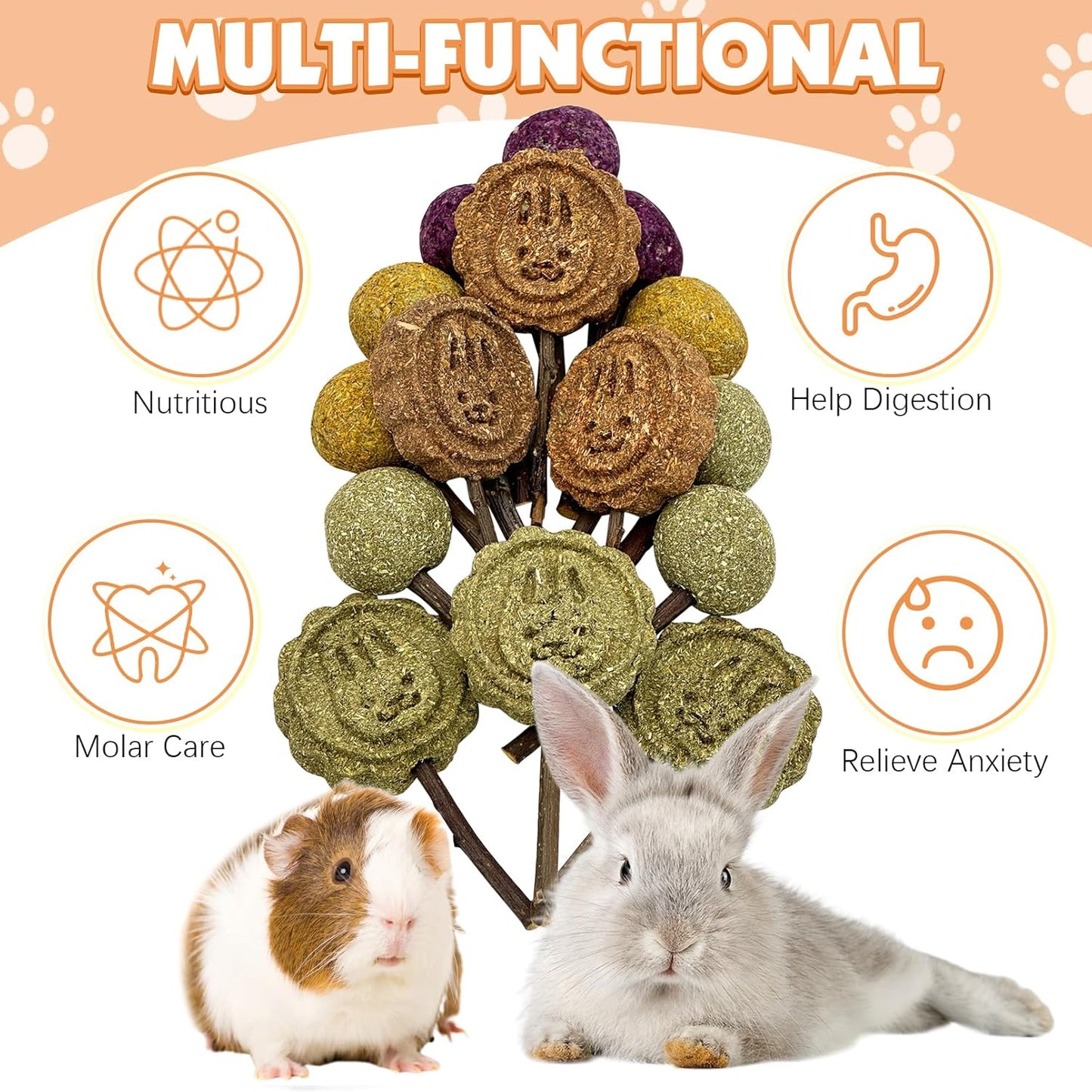 Fhiny Rabbit Chew Toys, 30 PCS Natural Bunny Lollipop Chew Sticks Handmade Guinea Pig Molar Treats for Teeth Small Animals Snacks for Guinea Pig Bunny Chinchilla Hamster Gerbil Teeth Care