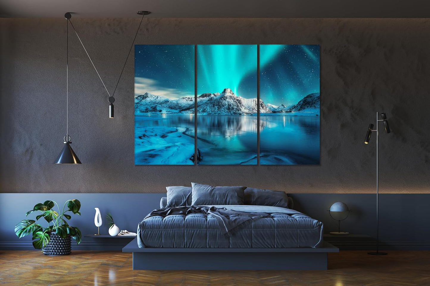 Nature Wall Art Prints - Ocean Forest Mountain Lake Canvas Landscapes - Small to Extra Large Living Room Bedroom Kitchen Bathroom Décor (Northern Lights Over Lake, 47L" x 71W" - 3 panels)