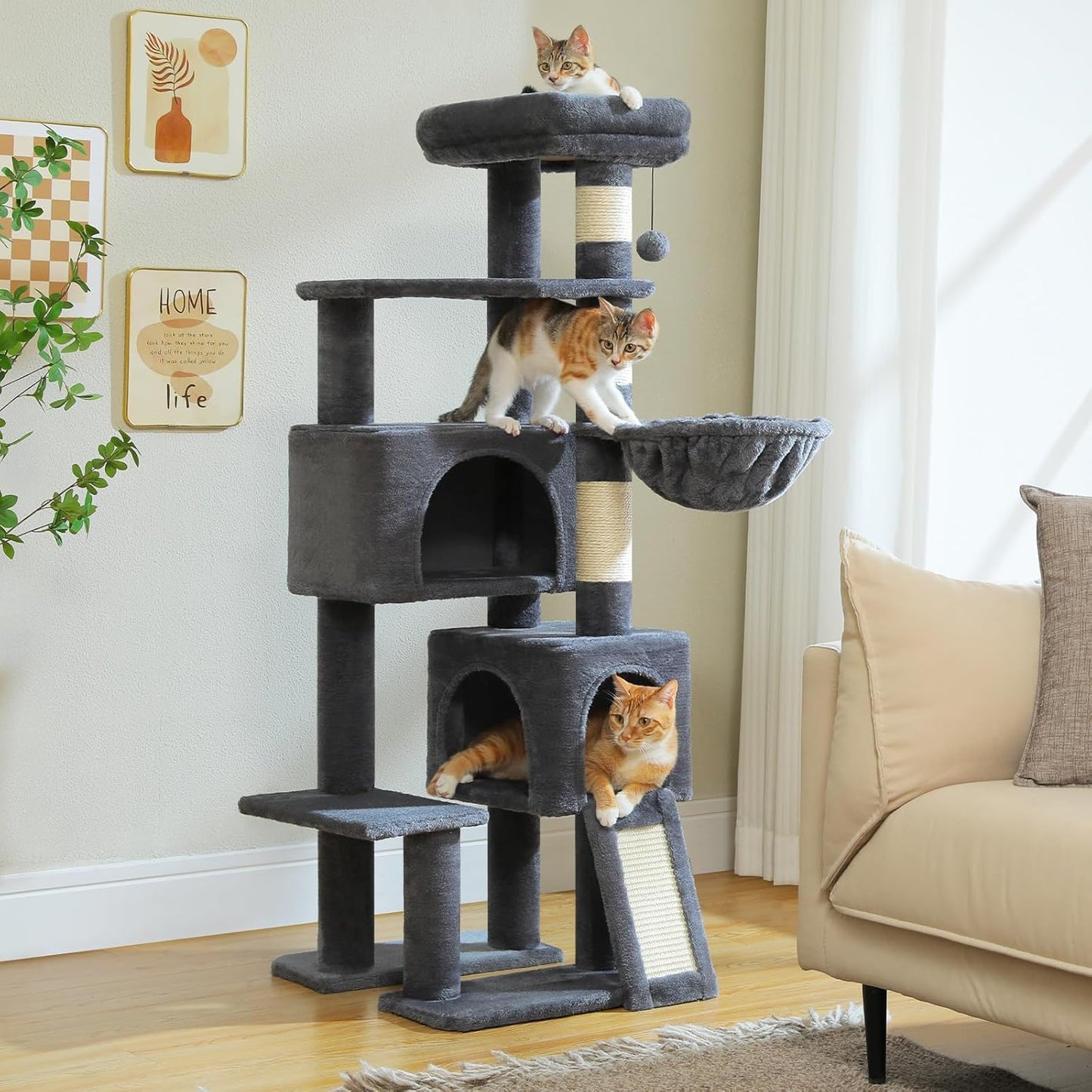 PAWZ Road Cat Tree, 51.6 Inches Cat Tower with Dual Condos, Spacious Perch, Cozy Basket and Sisal-Covered Scratching Posts for Indoor Cats- Dark Gray