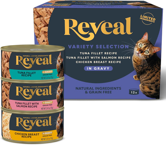 Reveal Natural Wet Cat Food, 12 Count, Grain Free, Limited Ingredient Canned Food for Cats, Fish and Chicken Variety in Gravy, 2.47 oz Cans