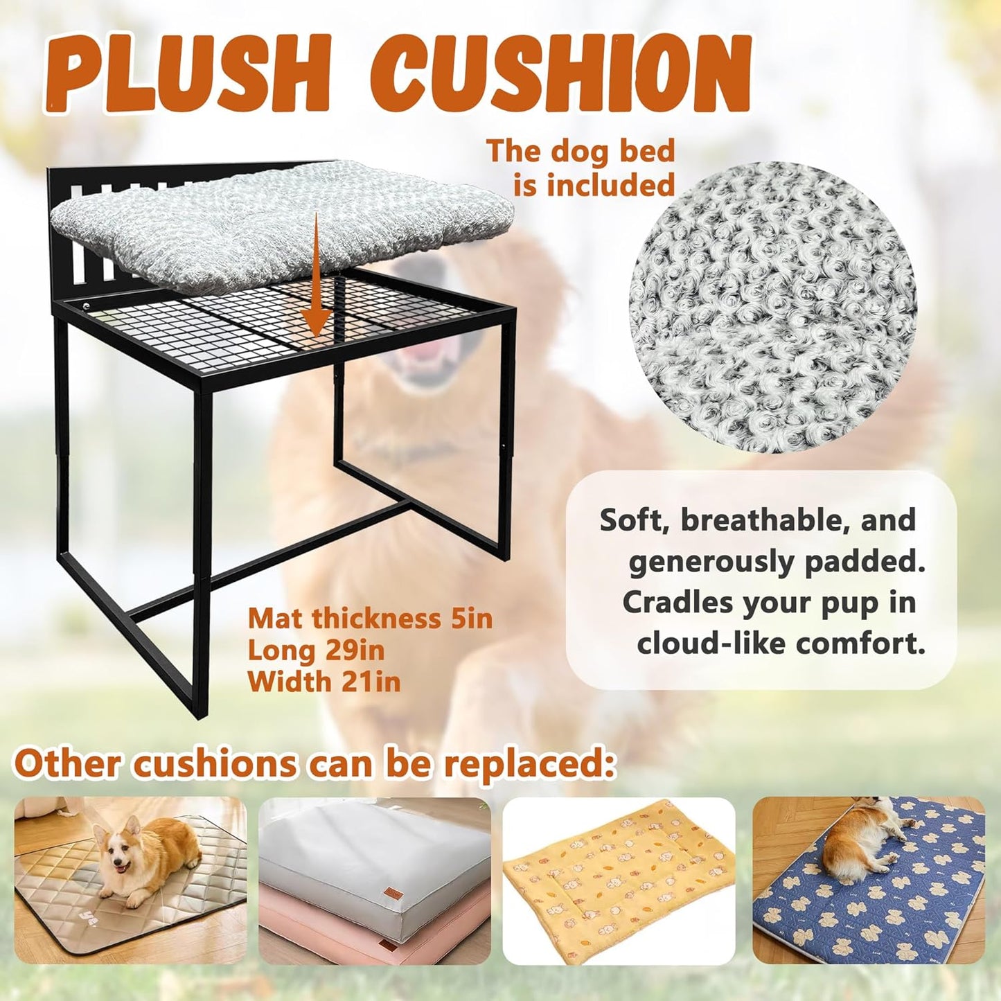 Beside Dog Bed,Adjustable Height Dog Bunk Beds,25.5‘’x18‘’Metal Dogs Bed Frame with Removable Cushion,Medium