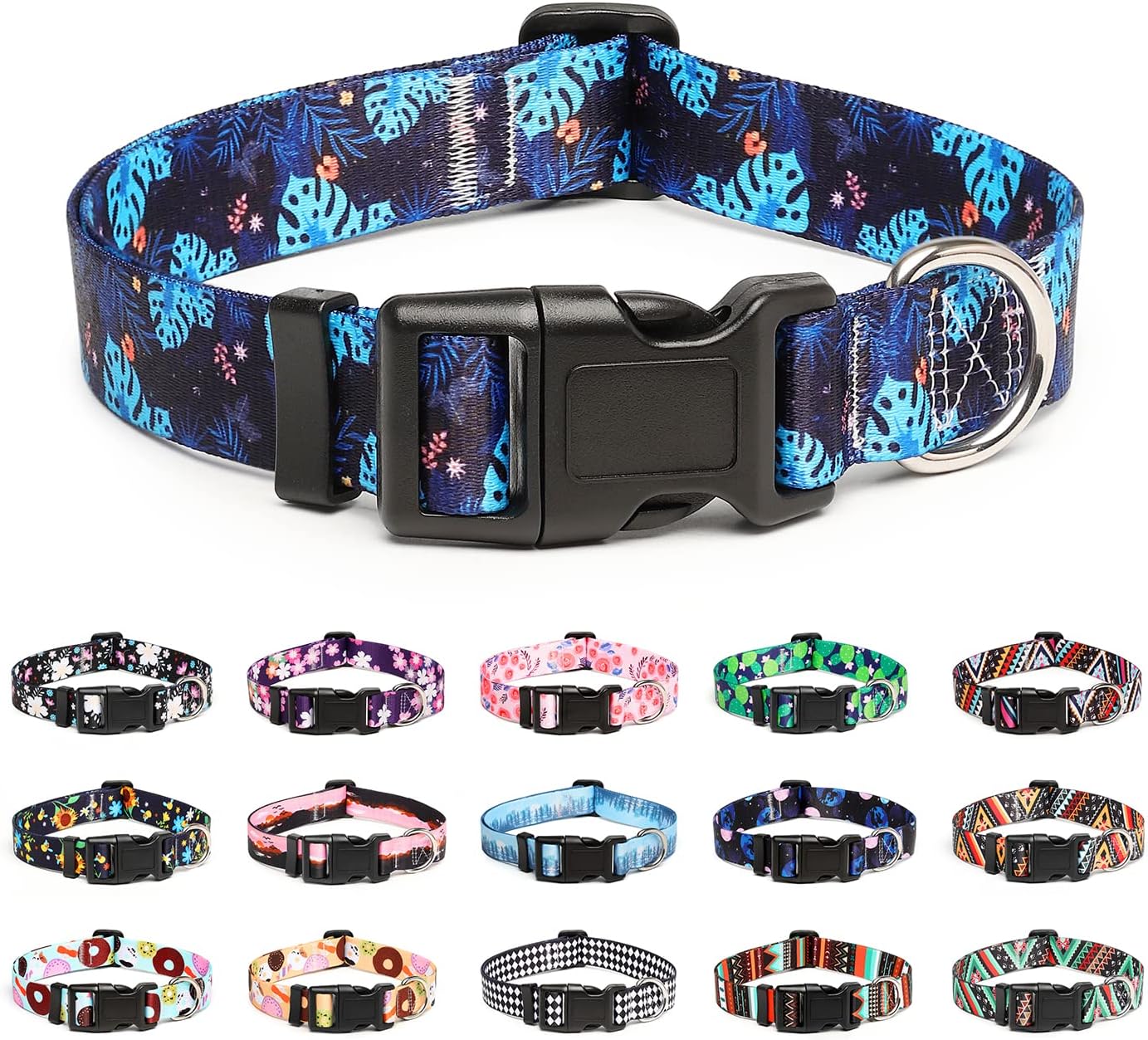 Mercano Adjustable Dog Collar - Special Design Patterns, Soft Nylon Comfortable Durable Pet Collar for Small Medium Large Dogs (S, Monstera)