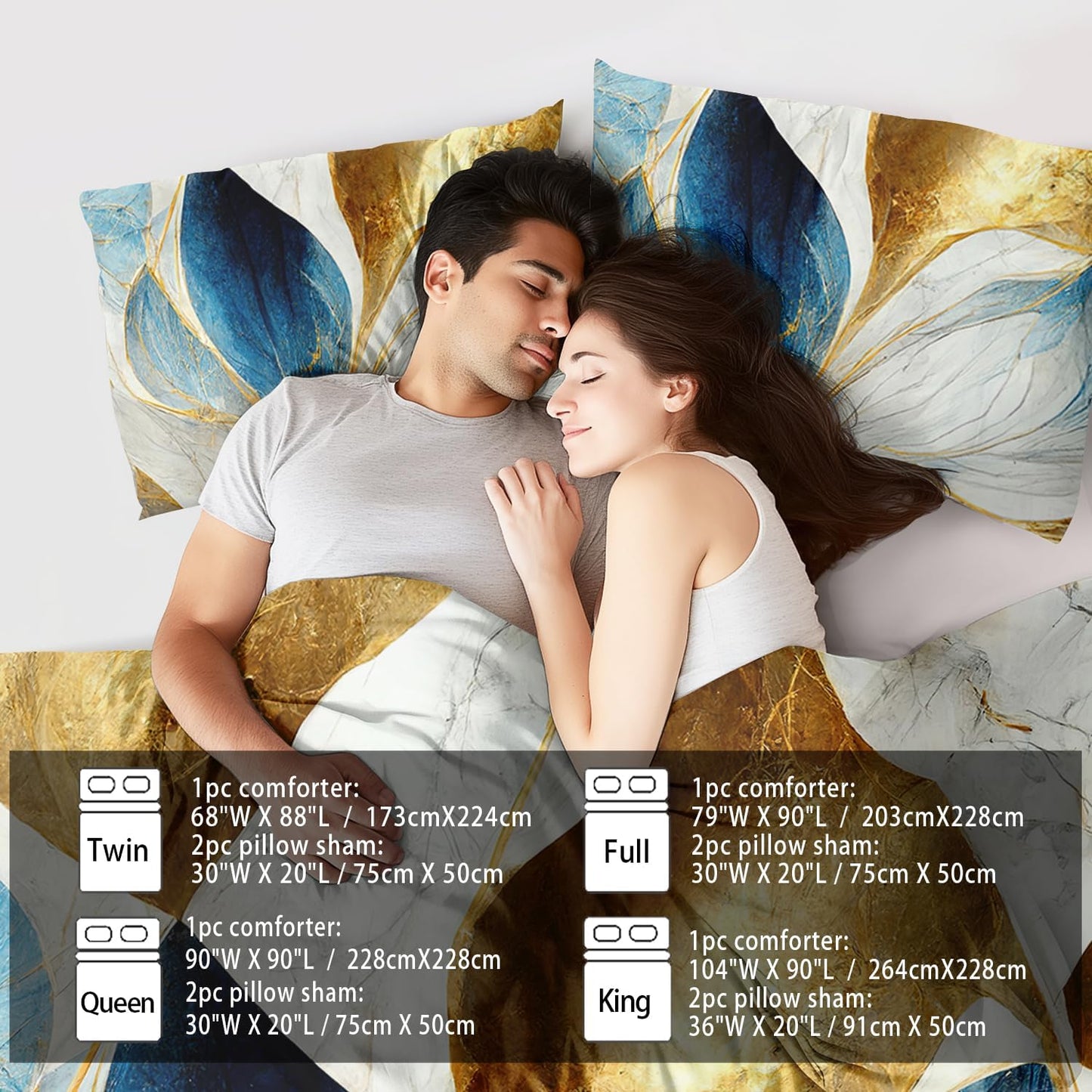 Vintage Floral Comforter Set King Size Women,Marble Flower Bedding Set King,Marble Blue Flower Bed Comforter,Blue and Gold Floral Quilt Bedroom Decor for Kids and Adults