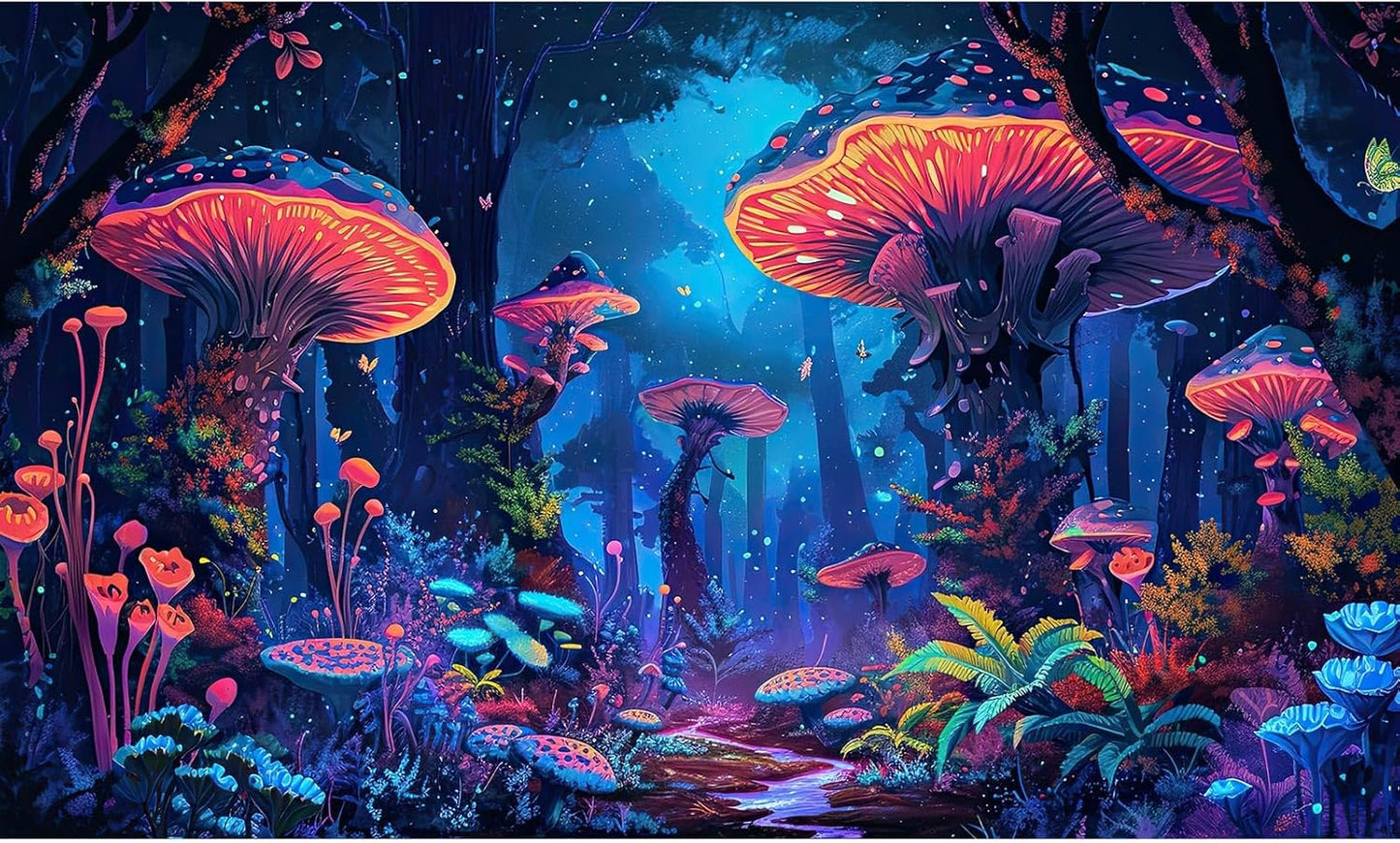 Mushrooms Aquarium Background Fantasy Bright Flowers Butterflies Fish Tank Backdrop Decoration Poster Trippy Wonderland Landscape with Giant Mystical Mushrooms Terrarium Background Decor 48x24in