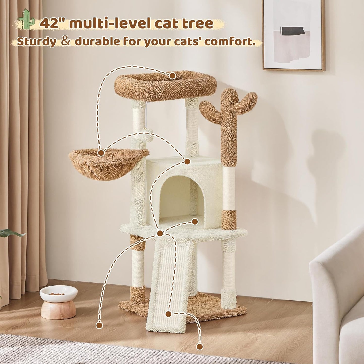 Yaheetech Cactus Cat Tree, 42in Cat Tower for Indoor Cats, Multi Level Kitten Condo Scratching Post, Pet Activity Center Furniture w/Ball, Plush Perch, Platform, Basket, Beige/Brown