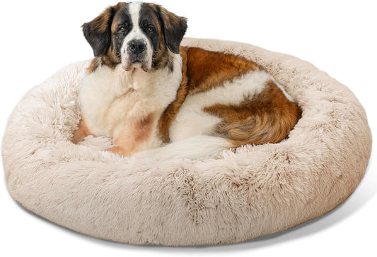 Best Friends by Sheri Original Calming Donut Dog and Cat Bed, Shag Faux Fur, Taupe, XL (45in x 45in) - Anxiety Relief for Pets Up to 150 lbs