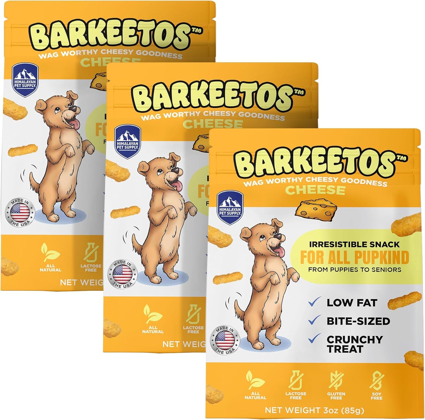 Barkeetos Dog Treats, Crunchy and Cheesy Pet Snacks Made with Real Himalayan Cheese, Gluten Free, Grain Free, Lactose Free, Natural Dog Food for All Breeds and Sizes - 3 Pack