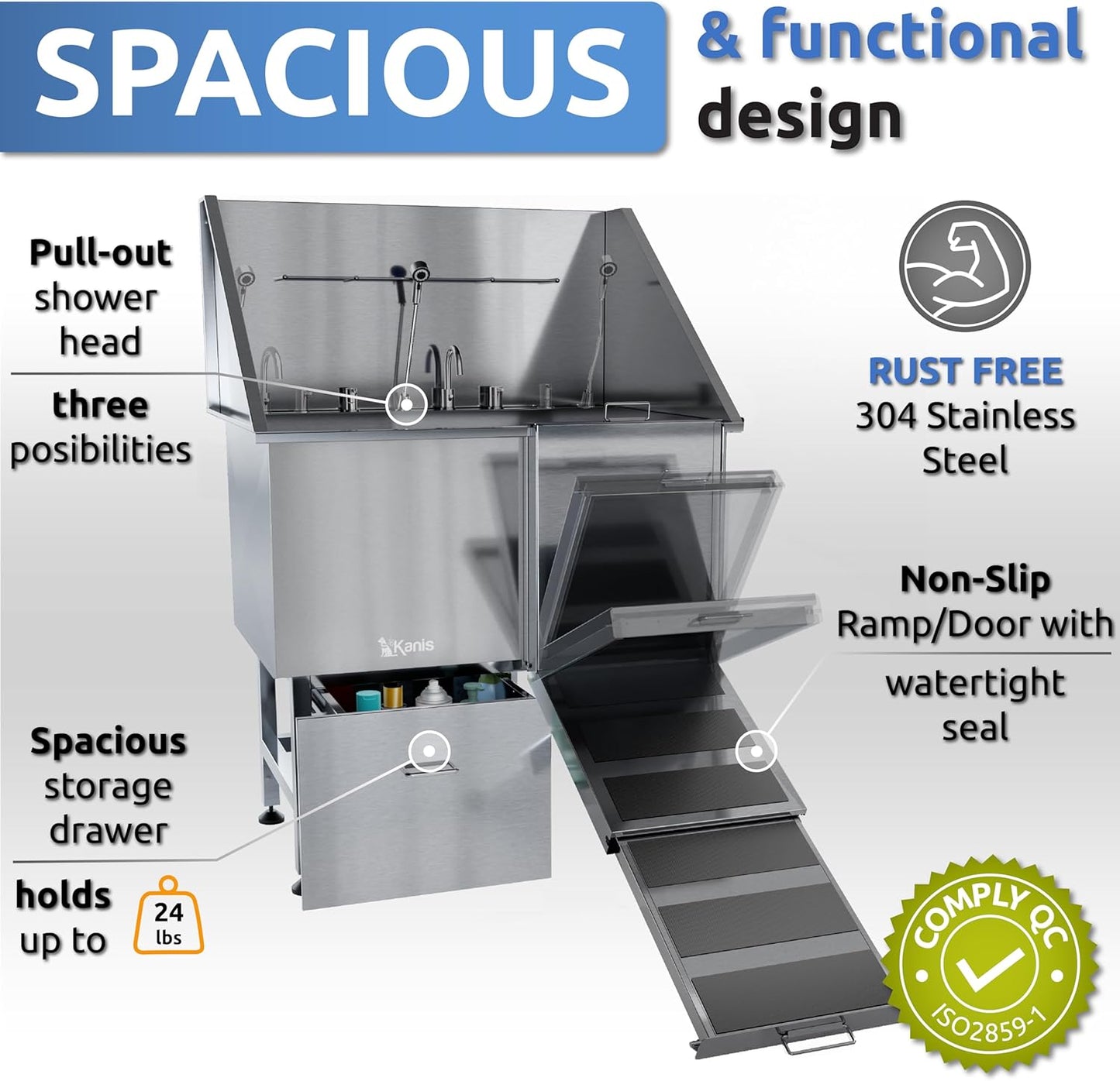 KANIS Professional Dog Washing Station - 304 Stainless Steel Pet Wash Sink & Grooming Bath Tub for Home with Ramp, Shower, Floor Grate, Storage Drawer, Faucet, Drain Kit for Large, Medium & Small Pets