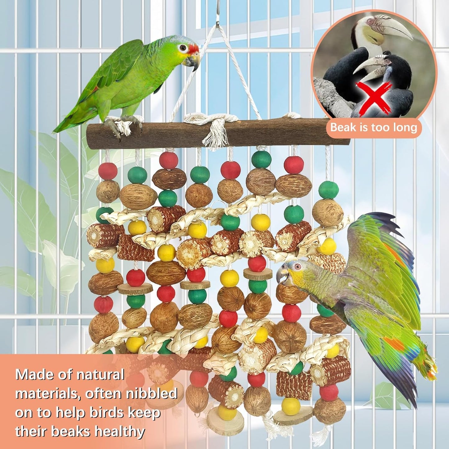 PINVNBY Large Parrot Toys Natural Nuts Corn Cob Wooden Chewing Tearing Toy for African Grey Macaws Amazon Cockatoos Eclectus Conures Cockatiels Cockatoo and Large Medium Parrot Birds (Colorful)