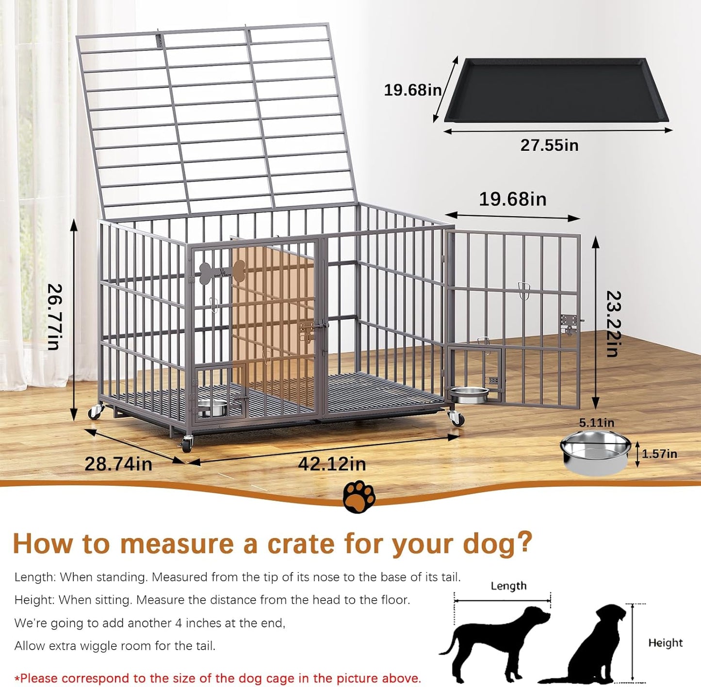 aboxoo 42/48 inch Heavy Duty Metal Dog Crate for 2 Dogs/Large Dog,All Metal Open Top,Dog Kennel Indoor with Wheels,Floor Grid, Tray, Divider and Feeding Bowl (Sliver)