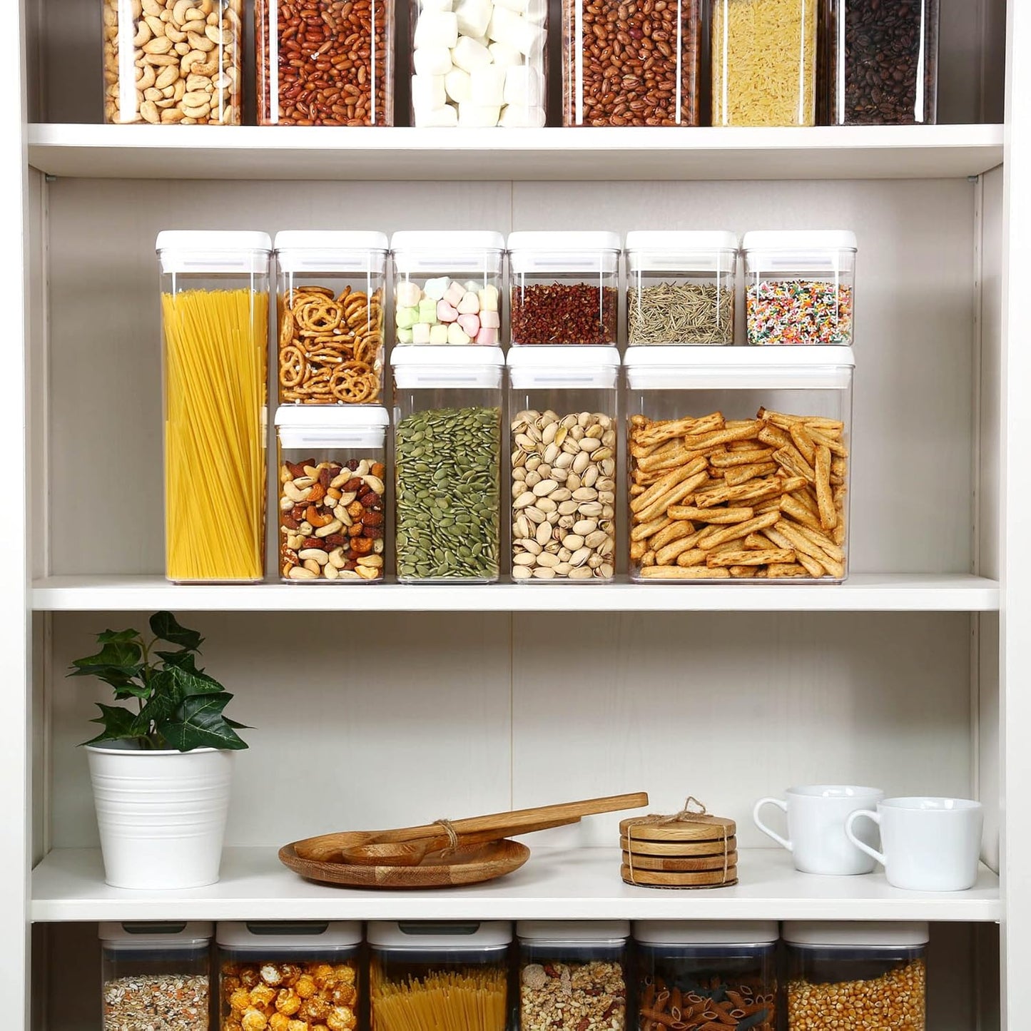 Felli Flip Tite Storage Container with Lid 4" Airtight Ring Seal Top, Stackable Acrylic Canister Jar Set for Kitchen Pantry Organizer, Food Spice Pasta Cereal Snack, Gifts for Women (5pk, Variety)