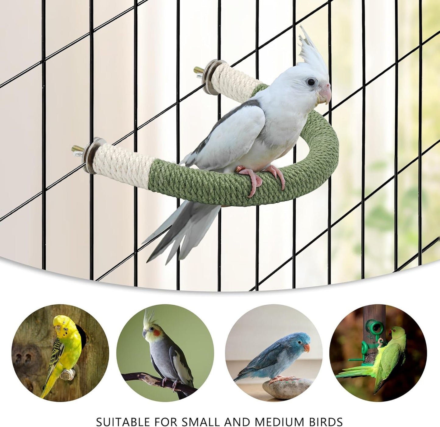 Bird Stand Perch U Shape Hemp Rope Green Wood Parrot Perches for Small Birds,Parakeets Macaw Cockatiels Conures Love Birds Finches,Bird Training Educational Stand Toys (Small,1 Pack)