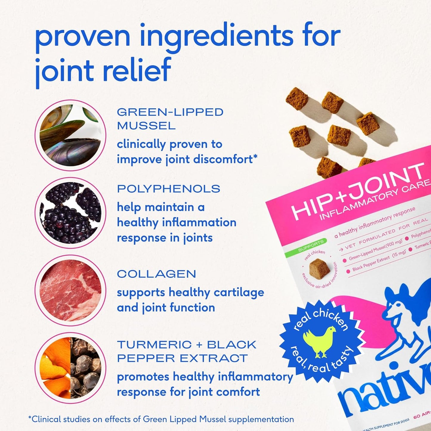 Native Pet Pain Relief for Dogs - Collagen for Dogs Promotes Joint Health, Reduce Inflammation & Stiffness - Senior Pup Joint Supplement - Natural Pain Reliever for Active & Aging Pets - 60 Chews