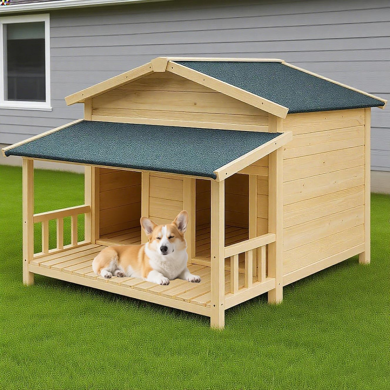 Large Outdoor Wooden Dog House – Weatherproof Double Kennel with Asphalt Roof & Covered Porch, Ideal for Medium to Large Breeds