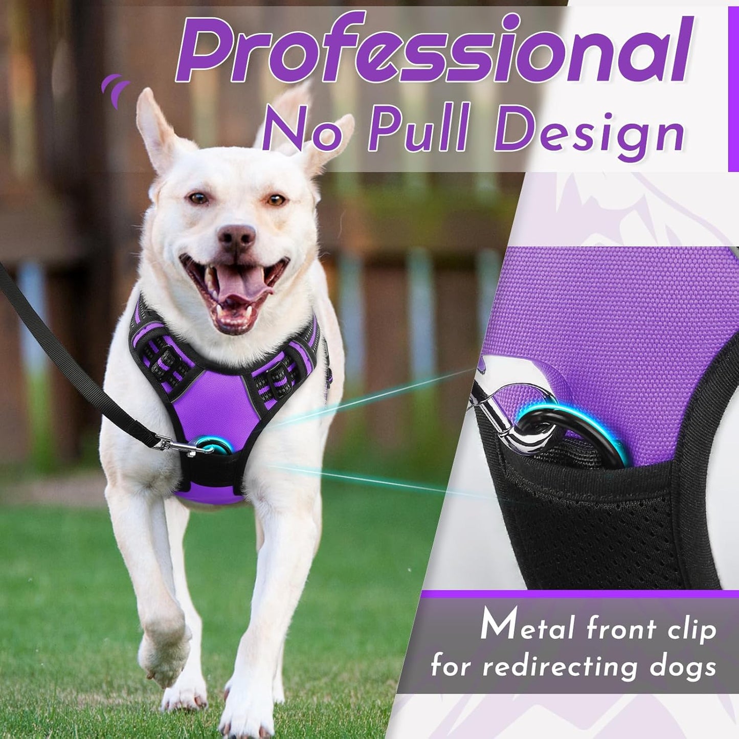 Eagloo Dog Harness Medium Sized Dog, No Pull Service Vest with Reflective Strips and Control Handle, Adjustable and Comfortable for Easy Walking, No Choke Pet Harness with 2 Metal Rings, Purple, M