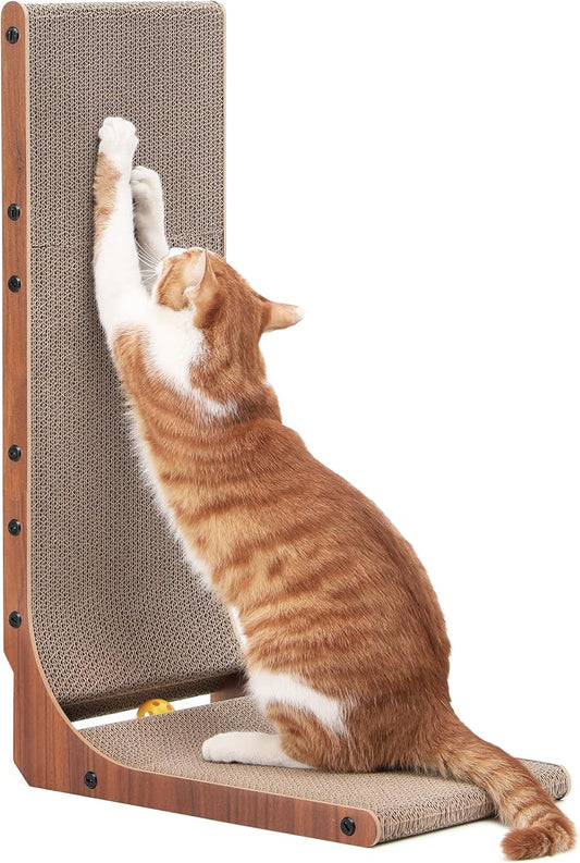 FUKUMARU Cat Scratcher, 26.8 Inch Cat Scratch Pad for Indoor Cats, L Shaped Cardboard Vertical Cats Scratching Board with Ball Toy, Walnut Color, 1 Pack