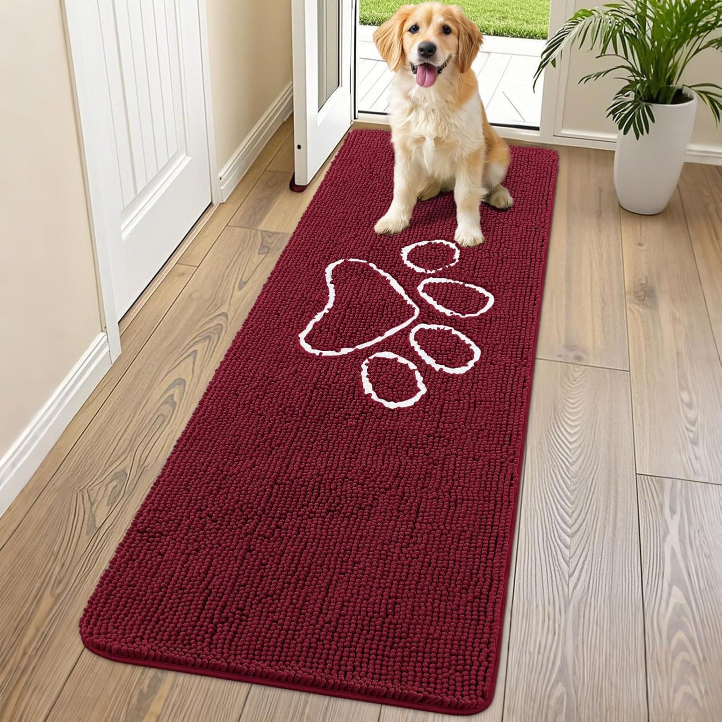 Smiry Dog Door Mat for Muddy Paws, Absorbent Dirt Trapper Non Slip Quick Dry Washable Chenille Mat for Mud Dogs, Entry Rug for Indoor and Outdoor (70x24 Inches, Burgundy)