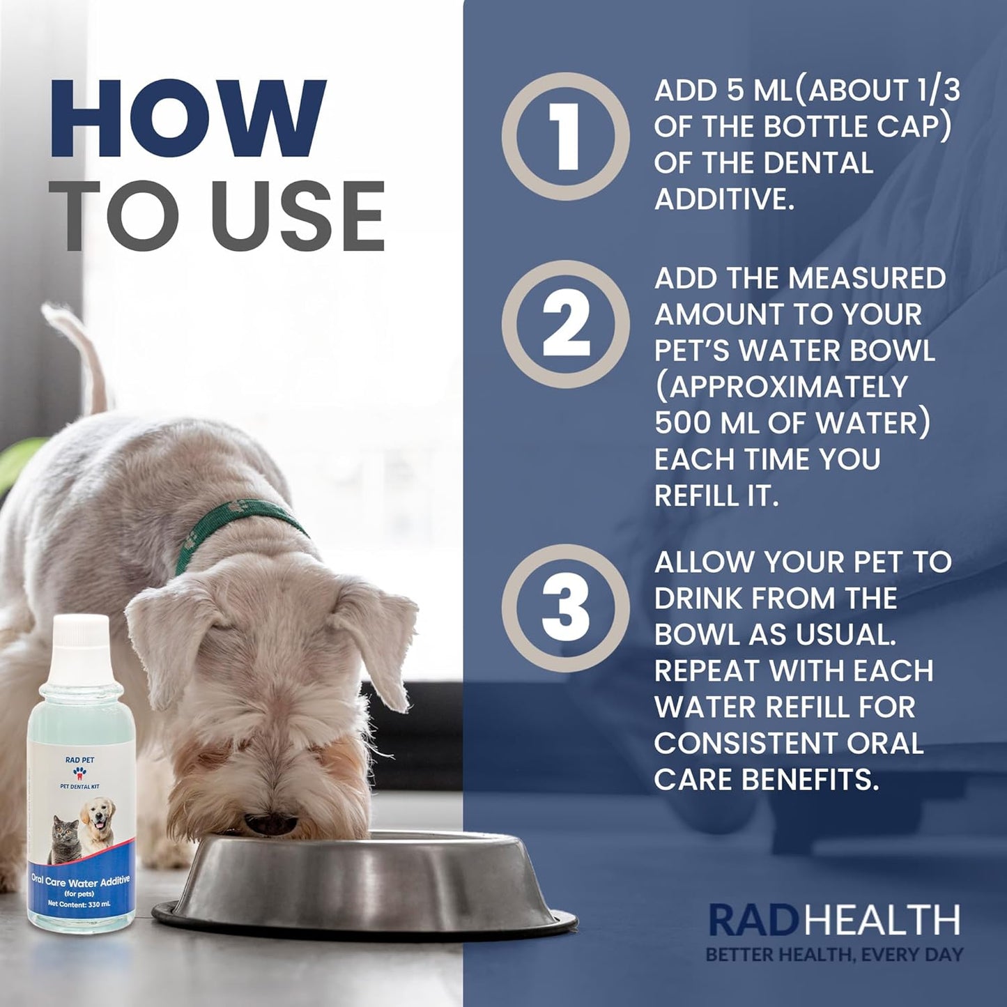 Rad Health Water Additive – Dog Dental Water Additive for Fresh Breath, Plaque & Tartar Control, Easy Mouthwash for Dogs & Cats, 330ml Formula Supports Daily Oral Hygiene, No Brushing Needed