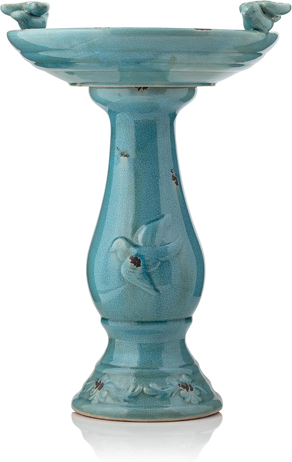 Alpine Corporation 25" Tall Outdoor Ceramic Antique Pedestal Birdbath with 2 Bird Figurines, Turquoise