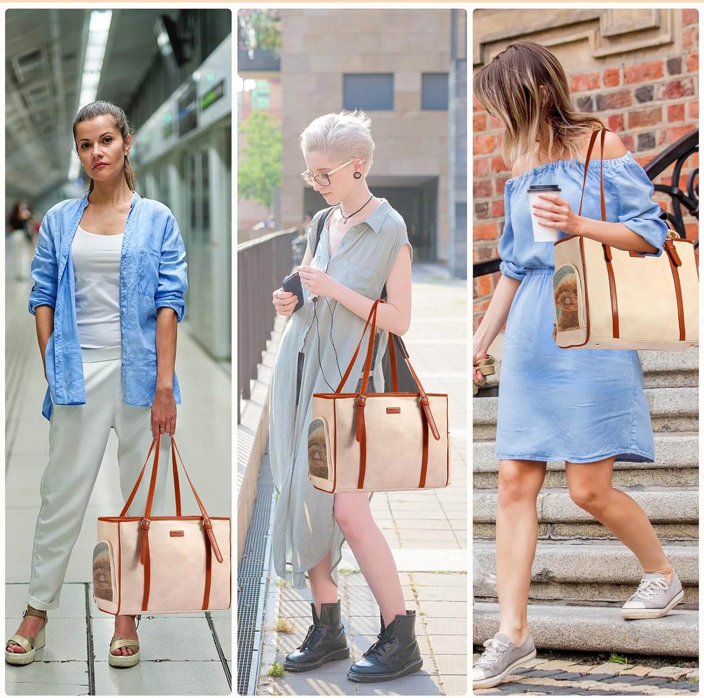 Fashion Dog Purse Pet Carrier Leather Bag for Small Dogs Cats Puppy, Portable Tote Bag Airline Approved Soft-Sided Carriers (Beign)