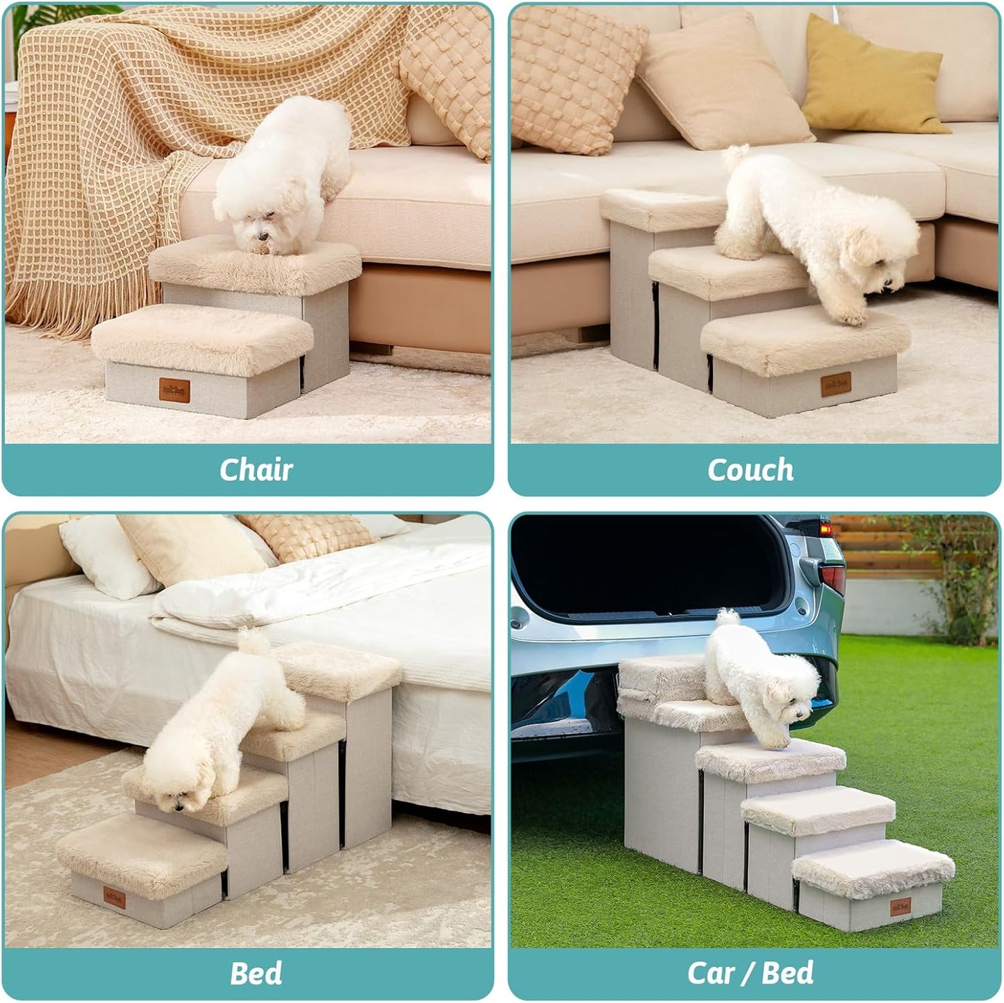 Dog Stair for Small Dogs with Storage, 21" H Foldable Pet Step with Soft Cover, Older Cat Ramp for High Bed or Car, Lightweight, Comfort, 39.7x13x21.2 inch, 5 Tiers, Beige