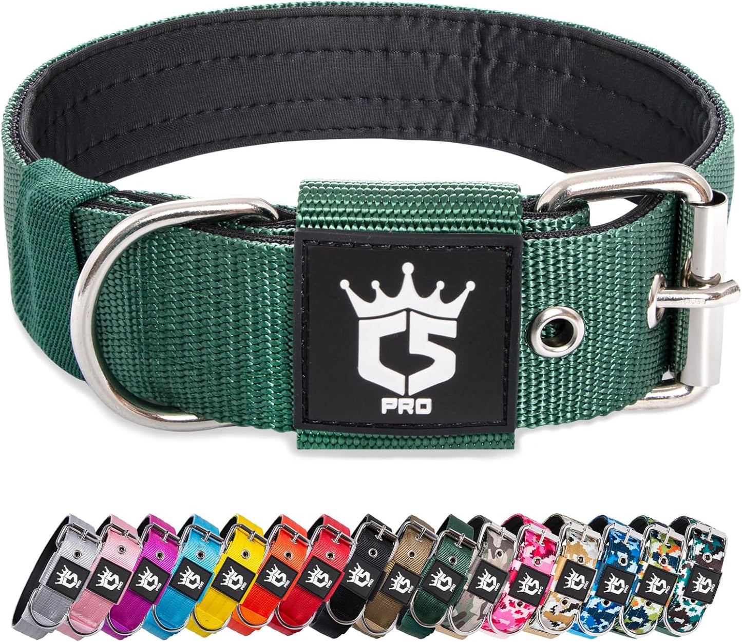 TSPRO Tactical Dog Collar 1.5 Inch Wide Thick Dog Collars with Heavy Duty Metal Buckle, Durable, Strong, Adjustable for Medium to Large Dogs (Green L)