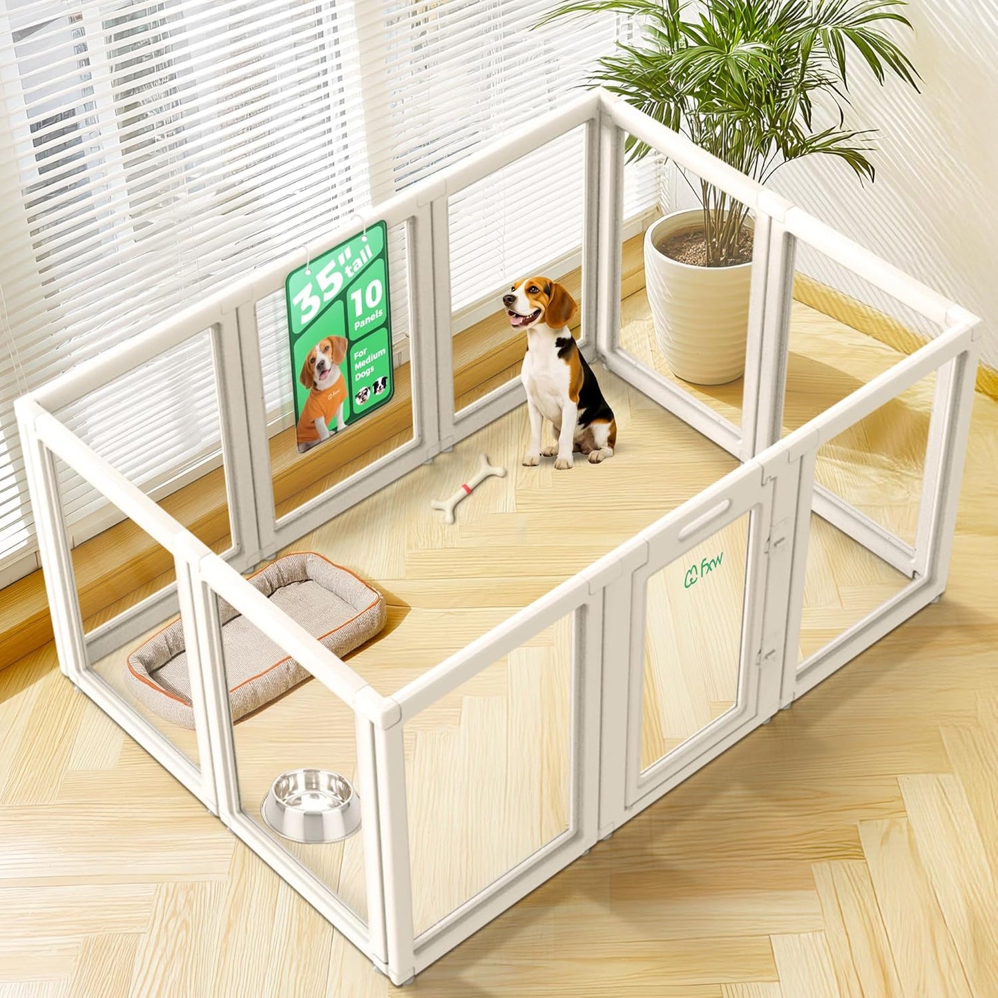FXW AuraSpace Acrylic Indoor Unleashed Dog Playpen for Medium Dogs, 35 Inch, 10 Panels, White