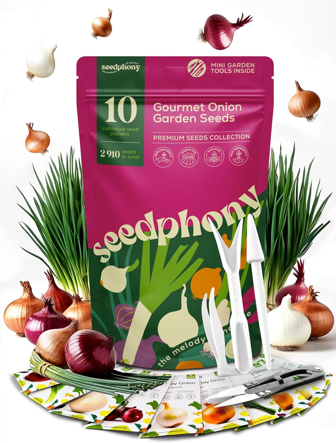 10 Gourmet Onion Seeds for Planting Variety Pack - 2,900+ Non-GMO Heirloom Vegetable Seeds for Growing Indoor & Outdoor: Red Burgundy, Leek, Walla Walla, Grano White & Yellow Sweet Spanish