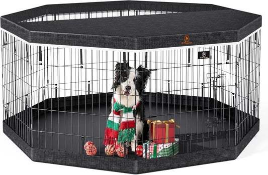 PJYuCien Dog Playpen, 8 Panels 30’’H Dog Pens Indoor with Bottom Pad and Top Cover, Metal Foldable Pet Puppy Exercise Fence Crate Kennel, Better for Small Animals,Black