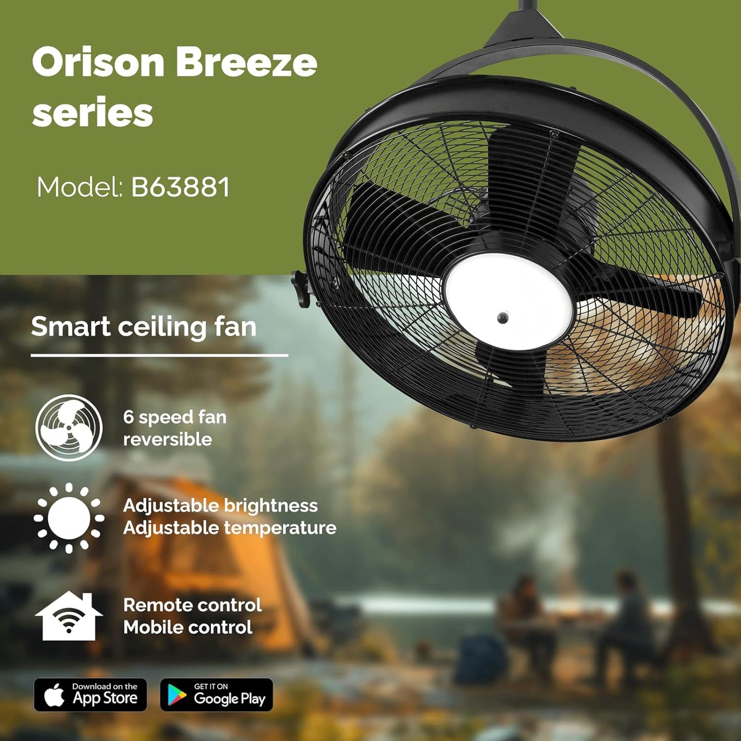 Orison 24.8'' Waterproof Outdoor Ceiling Fan, 6 Speed Ceiling Mounted Plug-In Cord Garage Fan with Remote&APP, 360-degree Manual Vertical Rotation, Hook hanging for Gazebo, Patio, Pergola (Black)