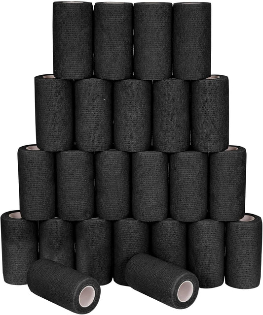 24 Pack Self Adhesive Bandage Wrap, 4” x 5 Yards Cohesive Medical Tape Elastic Grip Tape Black Sports Tape Athletic for Ankle, Wrist Sprains, Pet First Aid (Black, 4 Inch)