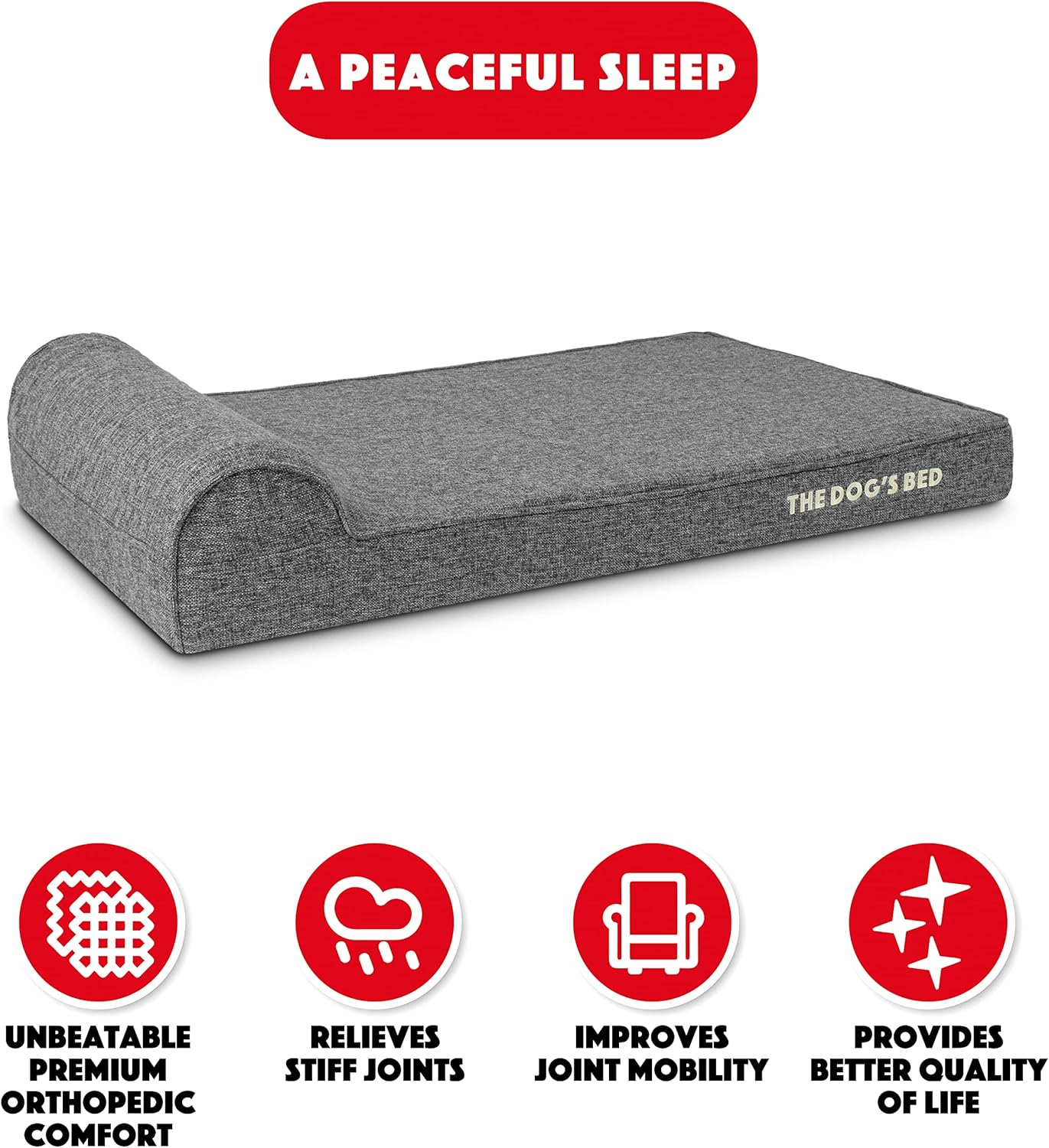 The Dog’s Bed Orthopedic Headrest Dog Bed, Large Grey Linen 40x25, Memory Foam, Pain Relief for Arthritis, Hip & Elbow Dysplasia, Post Surgery, Lameness, Veterinary Approved, Waterproof Washable Cover