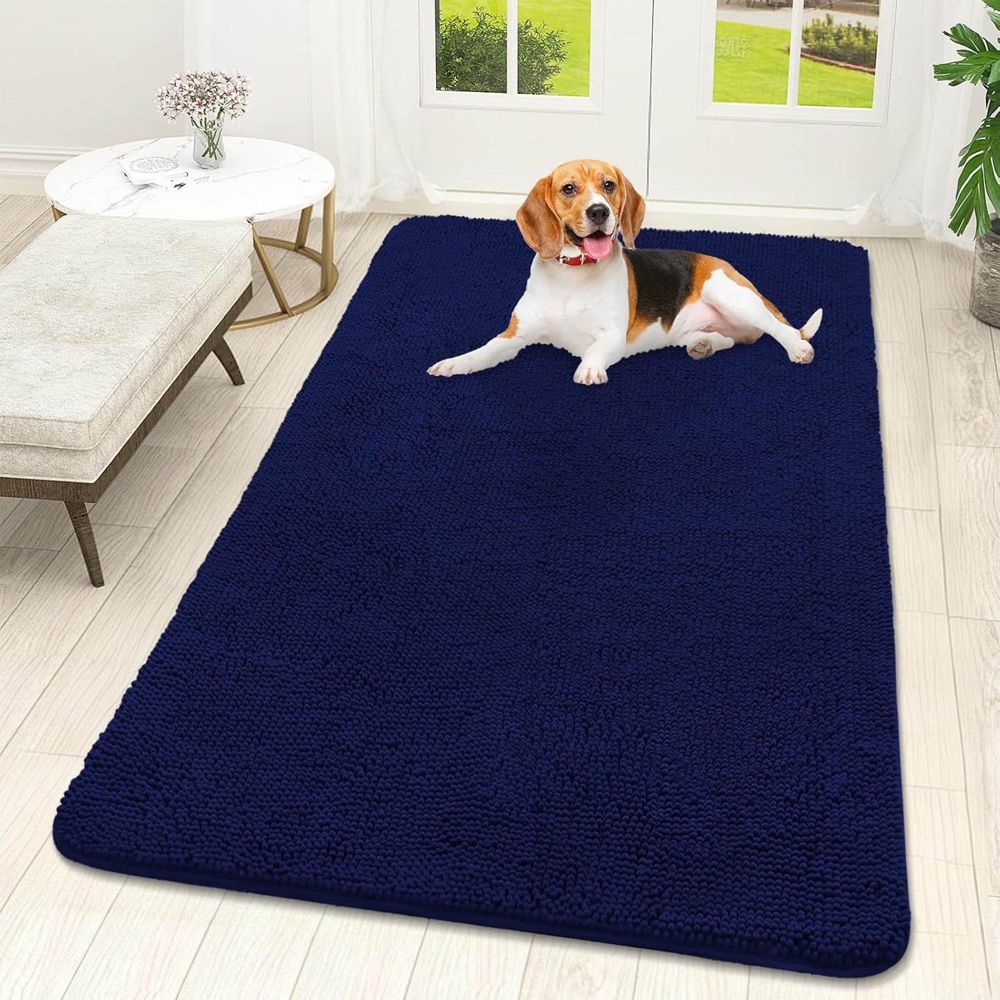 OLANLY Dog Door Mat for Muddy Paws 59x32, Absorbs Moisture and Dirt, Absorbent Non-Slip Washable Doormat, Quick Dry Chenille Mud Mat for Dogs, Entry Indoor Entryway Carpet for Inside Floor, Navy Blue