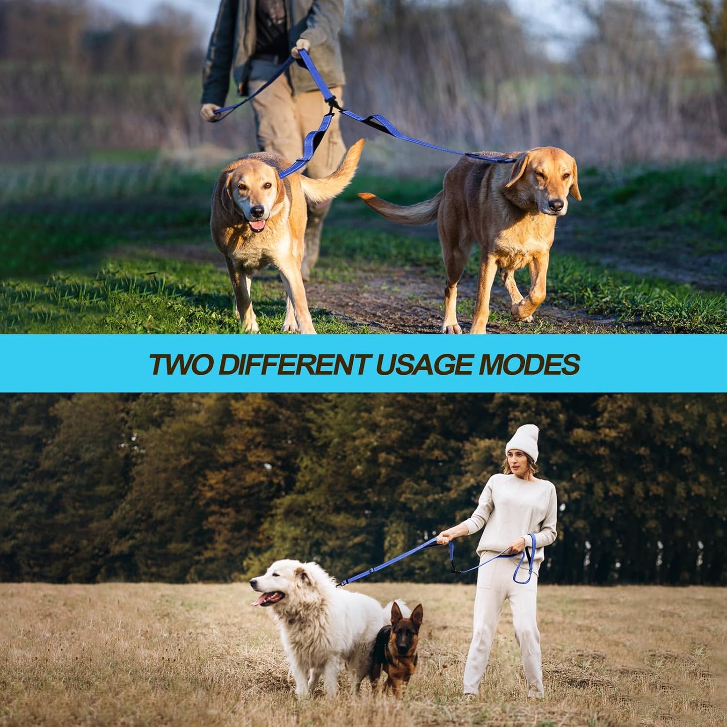 PetBonus Double Dog Leash, No Tangle Dual Leash, Reflective Walking Training Lead, 4 Comfortable Padded Handles for 2 Dogs with Collapsible Bowl and Waste Bags (Blue, Large)