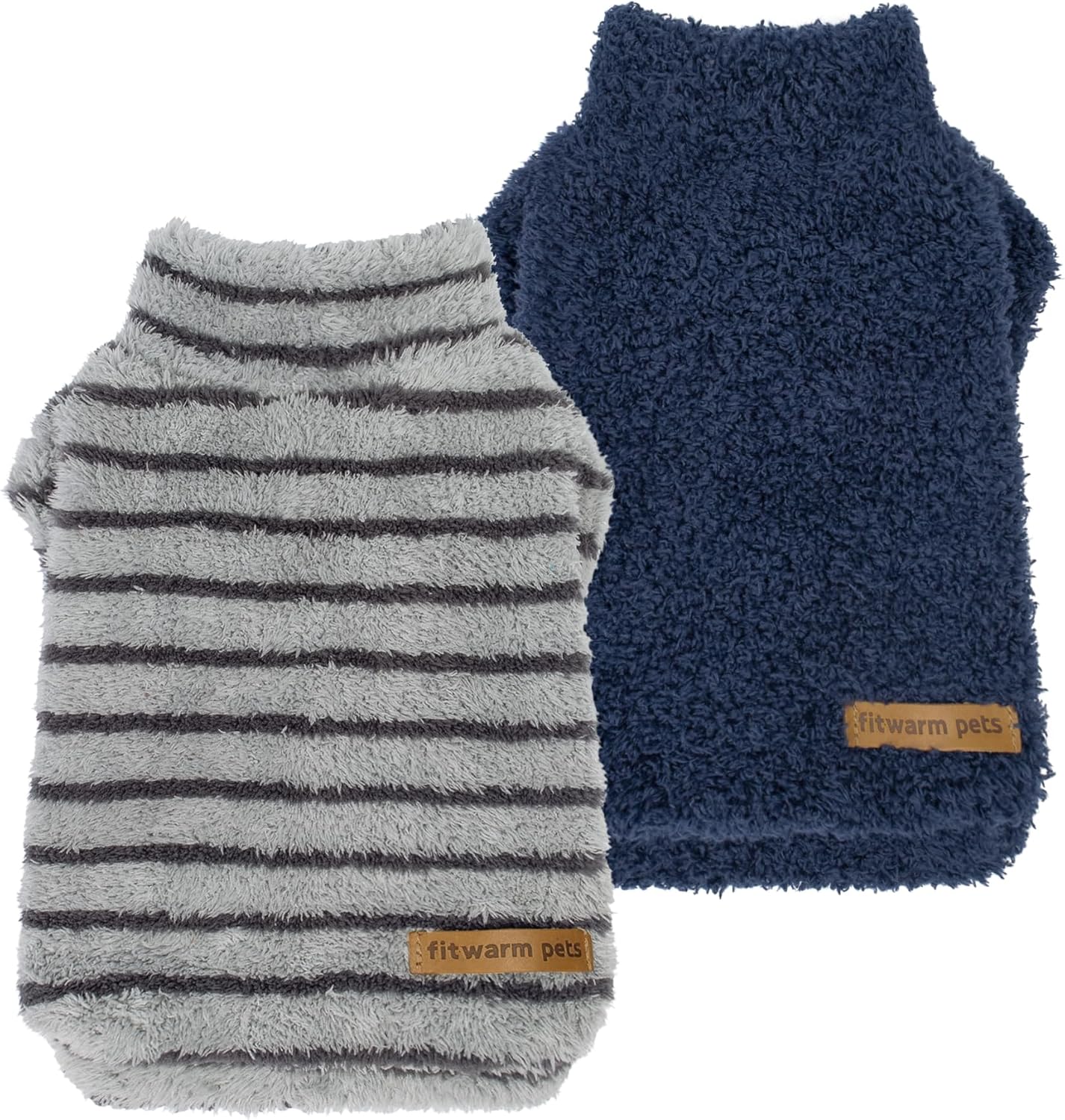 Fitwarm 2 Pack Striped Fleece Dog Sweater, Warm Winter Dog Clothes for Small Dogs Boy Girl, Fuzzy Pet Outfit, Doggy Pullover Jumper, Grey, Navy, Large