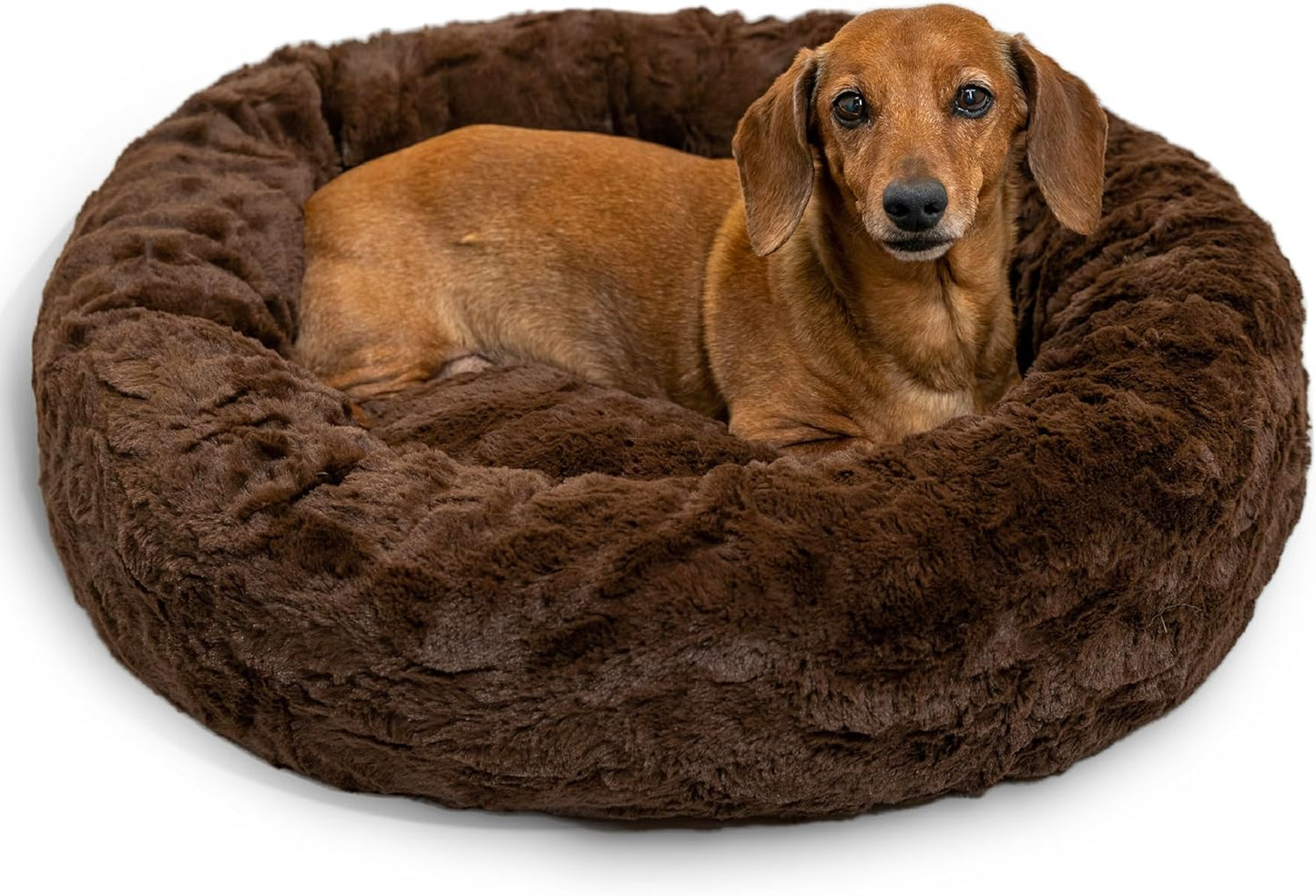 Best Friends by Sheri Original Calming Donut Dog and Cat Bed, Lux Faux Fur, Dark Brown, (23in x 23in) - Anxiety Relief for Pets Up to 25 lbs