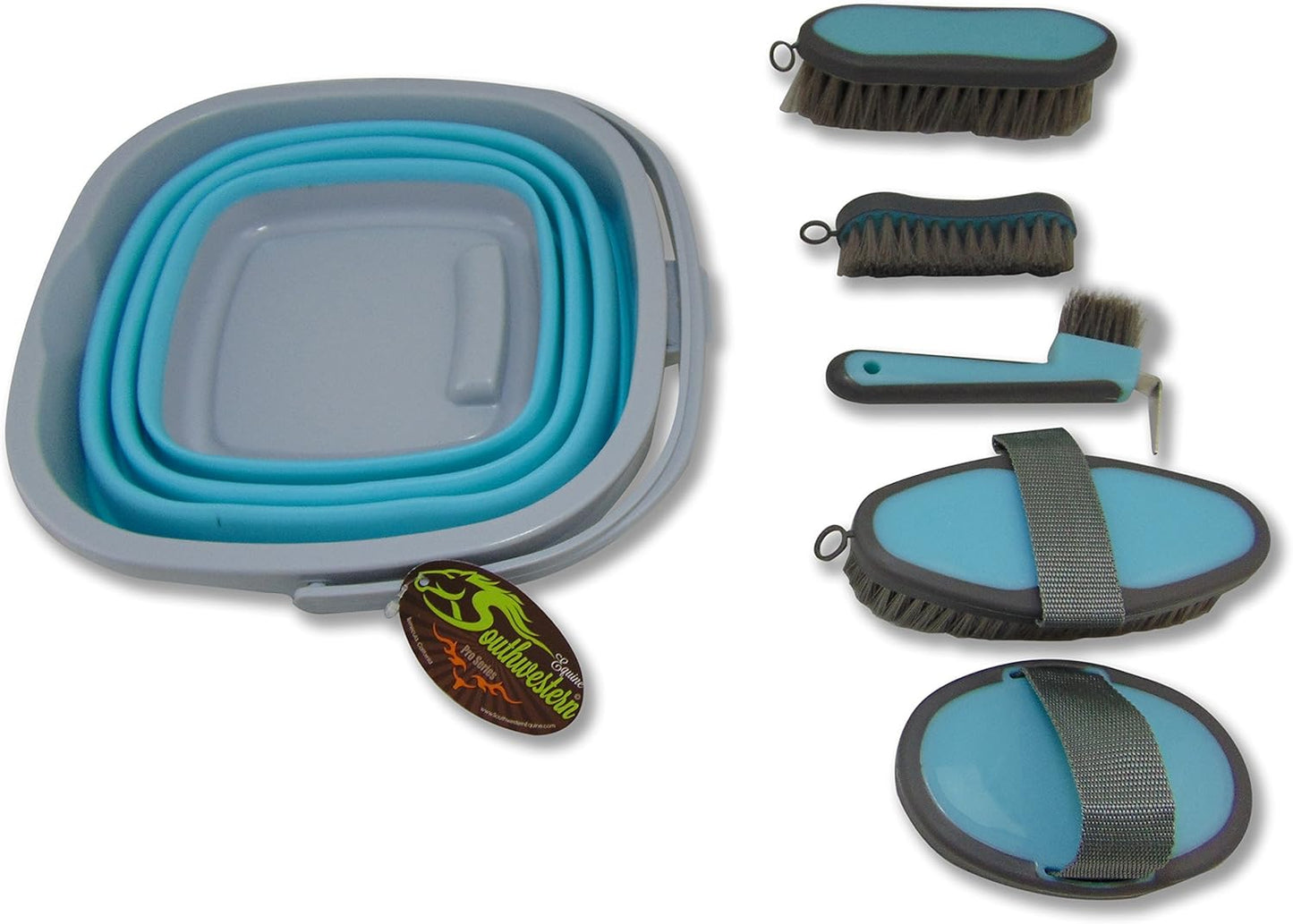 Collapsible Grooming Kit 10 Liter Bucket and 5 Grooming Tools by Southwestern Equine (Turquoise)