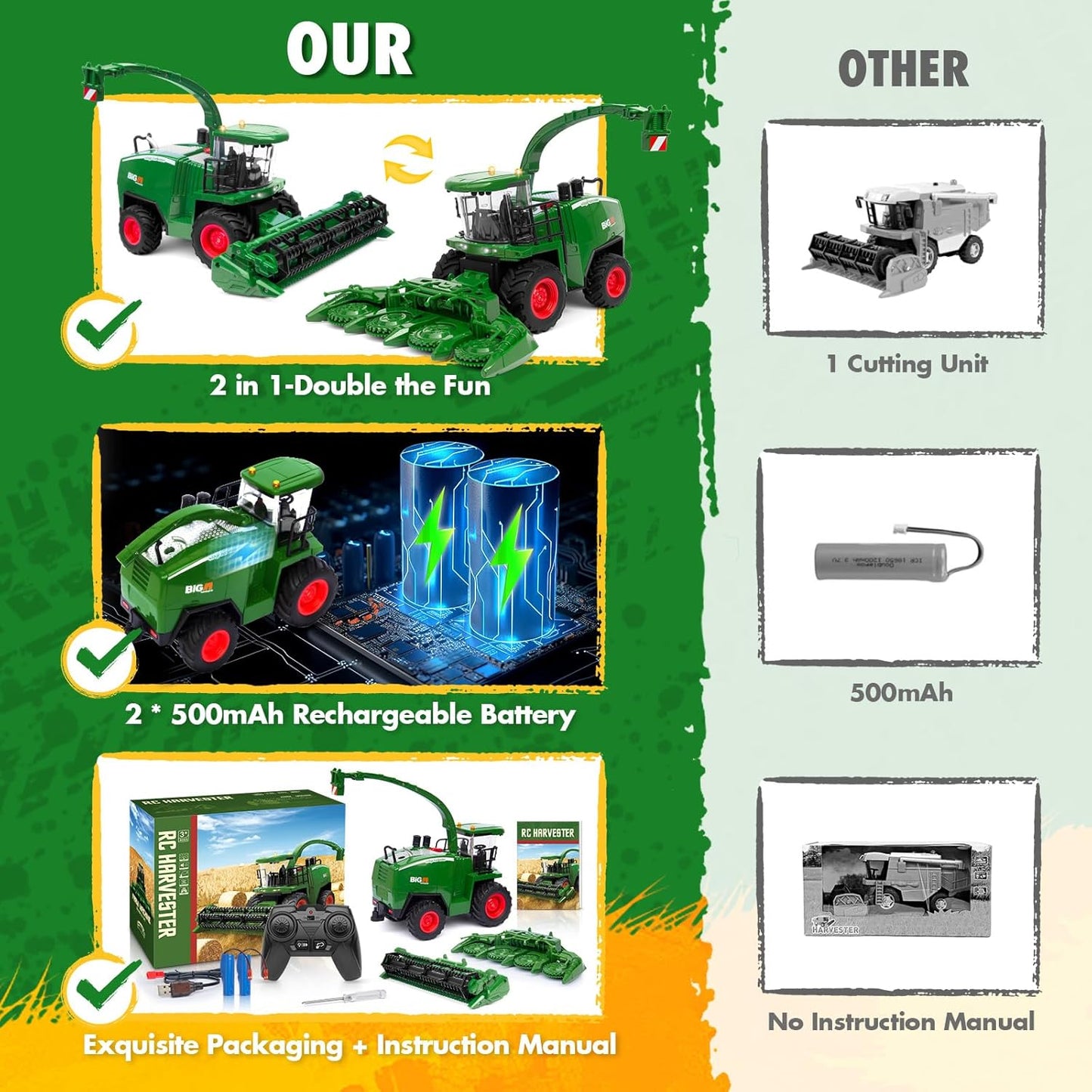 Remote Control Combine Harvester Tractor Toy, 1/24 Scale RC Harvester Toys for Kids with 2 Grian Heads/2 Rechargeable Batteries/Light, Farm Toys for 4 5 6 7 8 9 Year Old Boys Birthday Gift