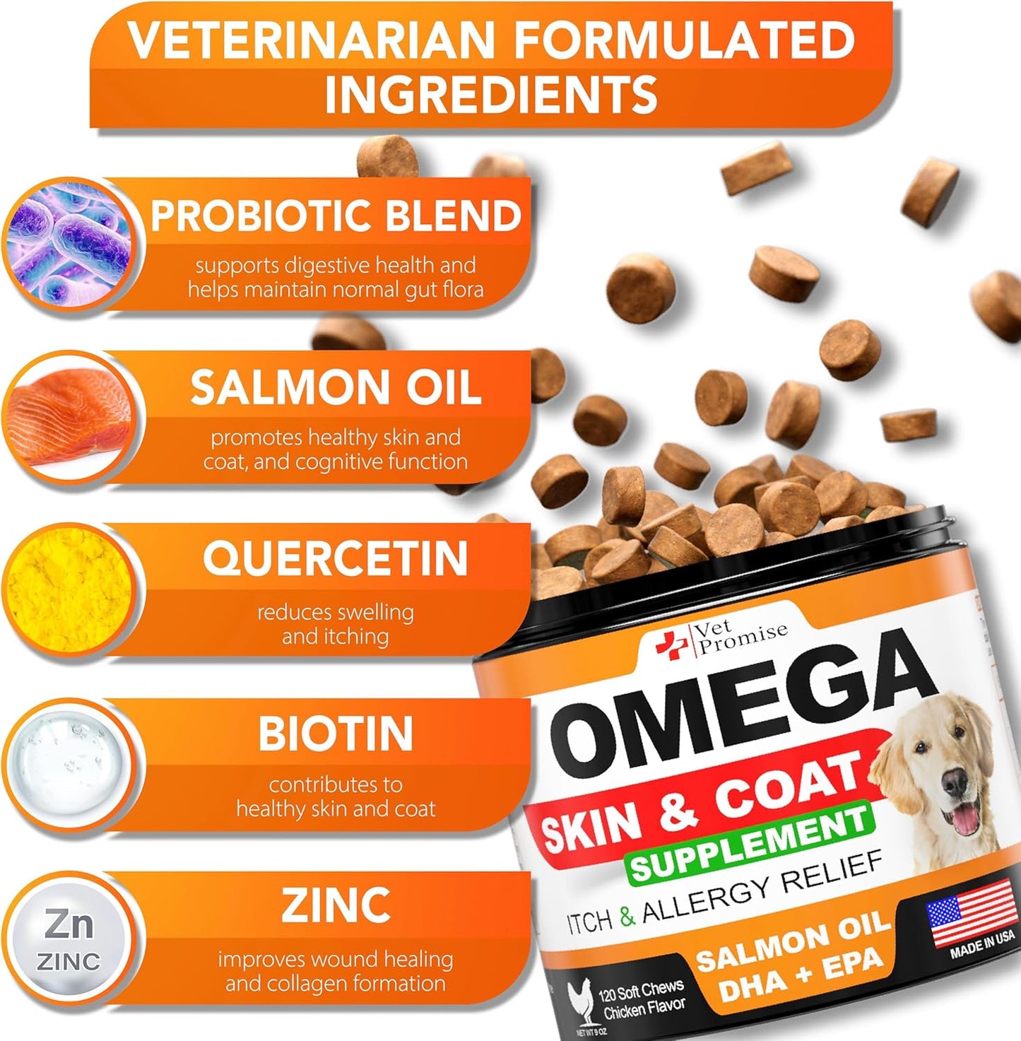 Omega 3 for Dogs - Skin and Coat Supplement - Fish Oil for Dogs Chews - Allergy and Itch Relief - Anti Shedding Supplement - Dry Skin Treatment - Salmon Oil - Made in USA - 120 Soft Treats