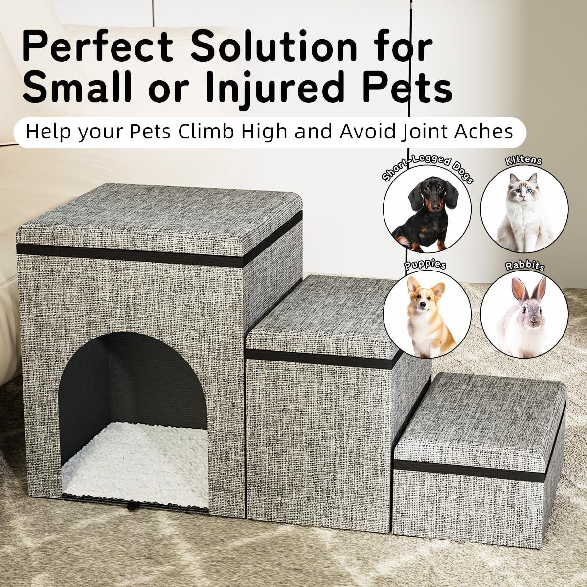 Dog Stairs with Storage, 3-Step Wider Dog Steps with Condo for Dogs and Cats, Pet Stairs for High Bed Climbing, Grey