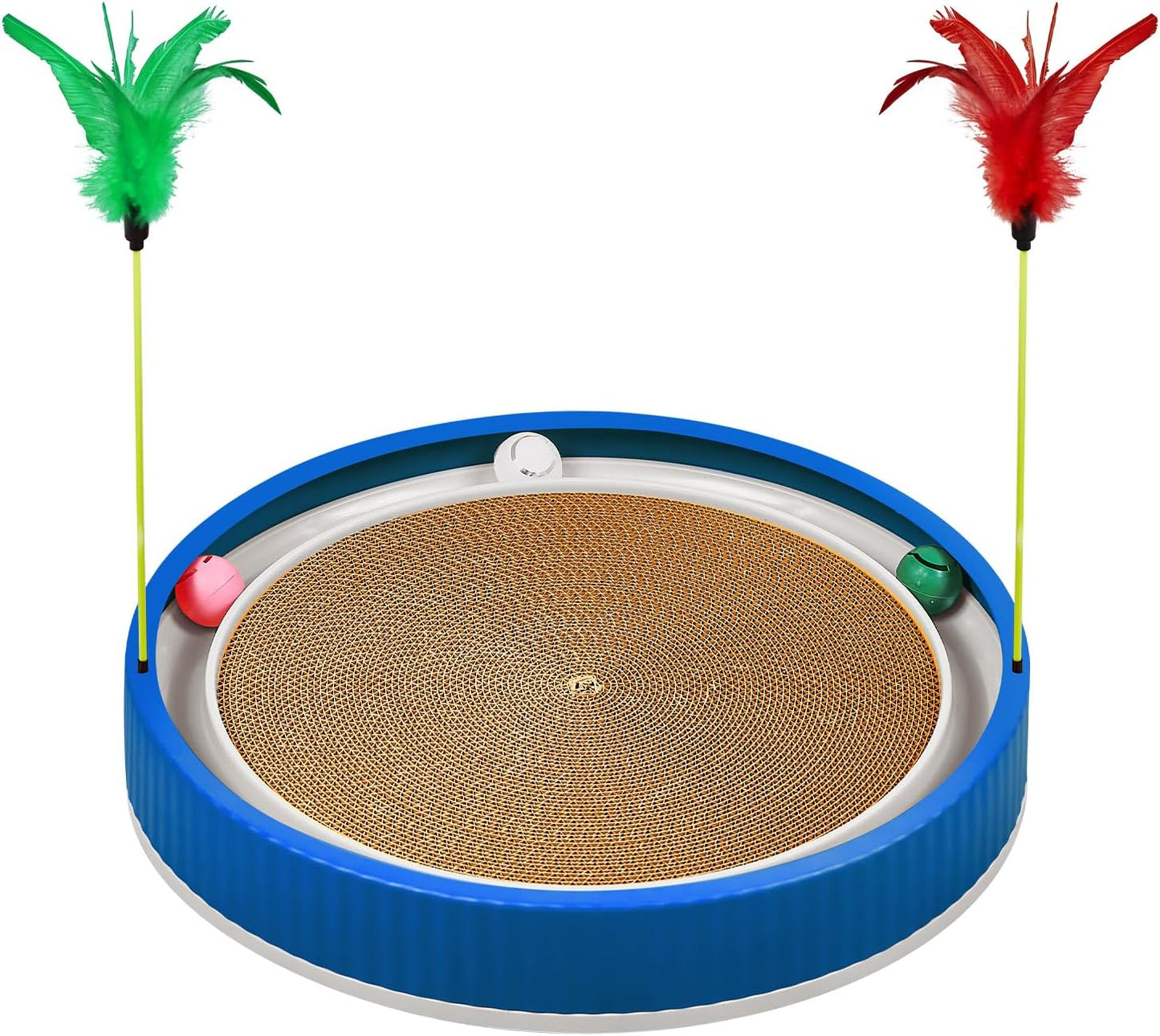 20-Inch Round Cat Scratcher with Ball Track – 3-in-1 Cardboard Scratching Pad with Feather Toy & Non-Slip Base – Interactive Cat Toy for Indoor Cats, Kittens & Large Cats (Blue)