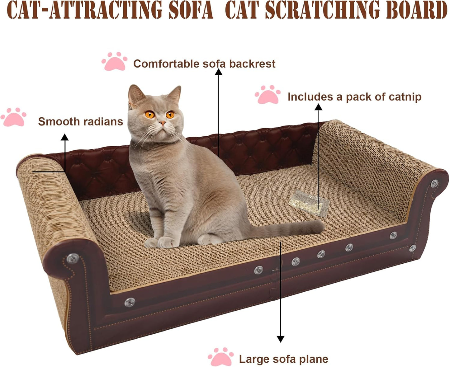 Scratching Sofa, Couch Shaped Thick Scratching Cardboard, Lounge Bed for Indoor Rest&Play, Sofa Scratcher Pad (Brown, 27.6" L X 12.2" W X 7.4" H)