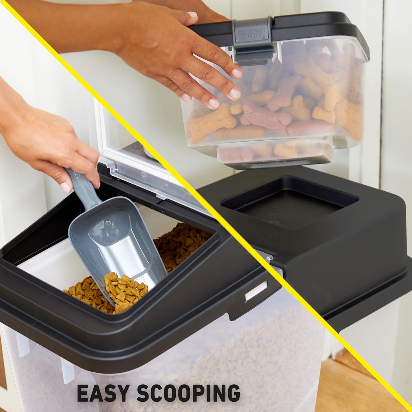 Mighty Tuff 3 Piece Airtight Dog Food Storage Container, Up to 36 lbs, with 5 lbs Dog Treat Container and Portion Scoop – BPA Free Airtight Pet Food Bin on Wheels