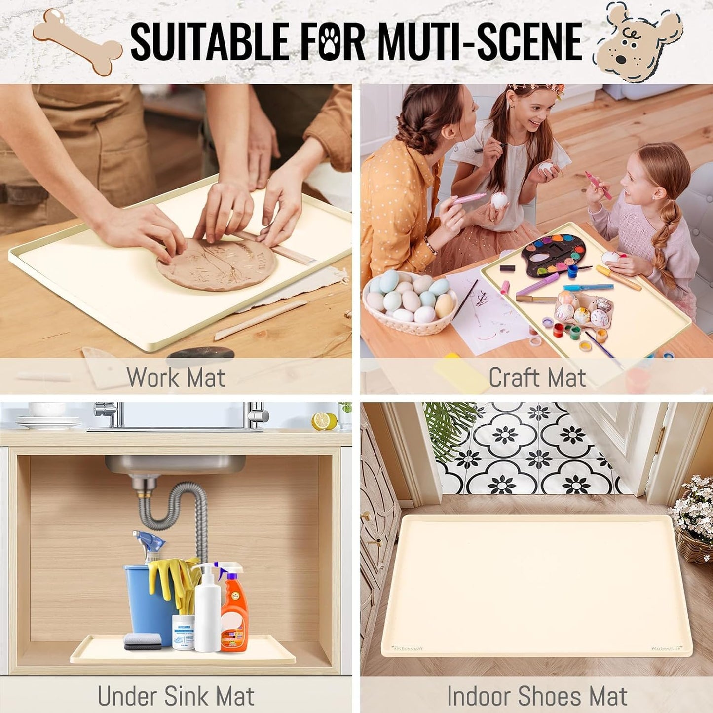 MateeyLife Dog & Cat Food Mat for Floors Waterproof, Nonslip Pets Bowl Mats for Dining and Drinking, Dogs Feeding Mats with Raised Edges, Silicone Cats Matt Tray for Messy Drinkers, 24"x16", Beige