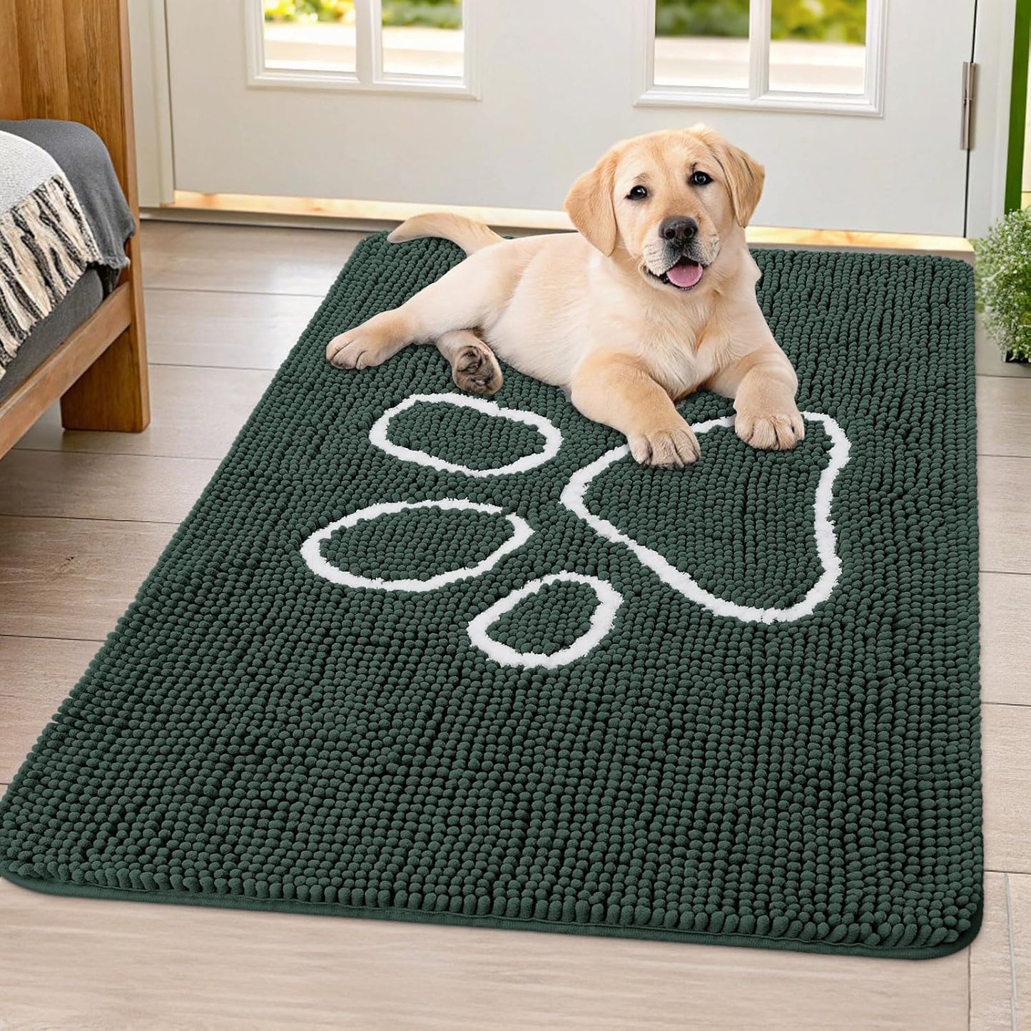 Smiry Dog Door Mat for Muddy Paws, Absorbent Dirt Trapper Non Slip Quick Dry Washable Chenille Mat for Mud Dogs, Entry Rug for Indoor and Outdoor (40x32 Inches, Green)